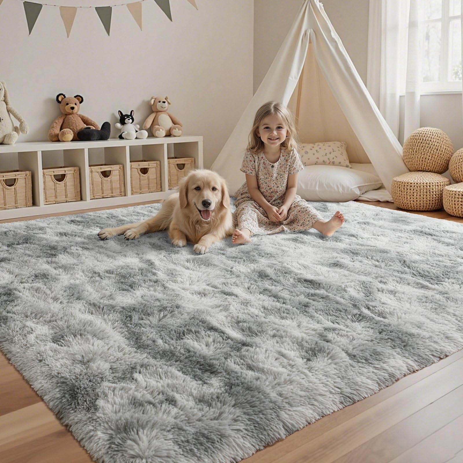 5×7ft Grey Fluffy Tie-Dyed Rug, Soft Shag Carpet for Home Decor
