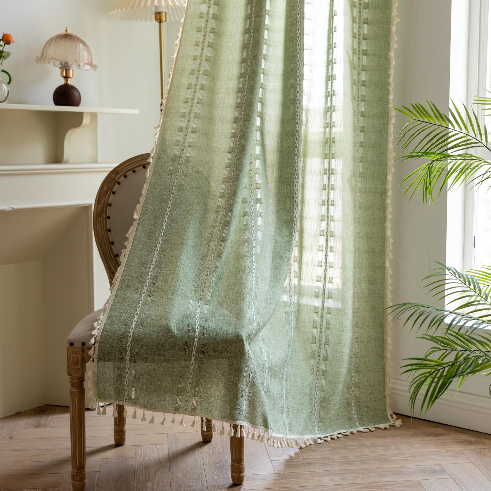 Dark Grey Boho Curtains for Living Room 84 inch Long 2 Panels, Chic Embroidered Semi Sheer Linen Farmhouse Light Filtering Drapes For Bedroom Privacy Striped Tassel Bohemian Window Decor,W52xL84