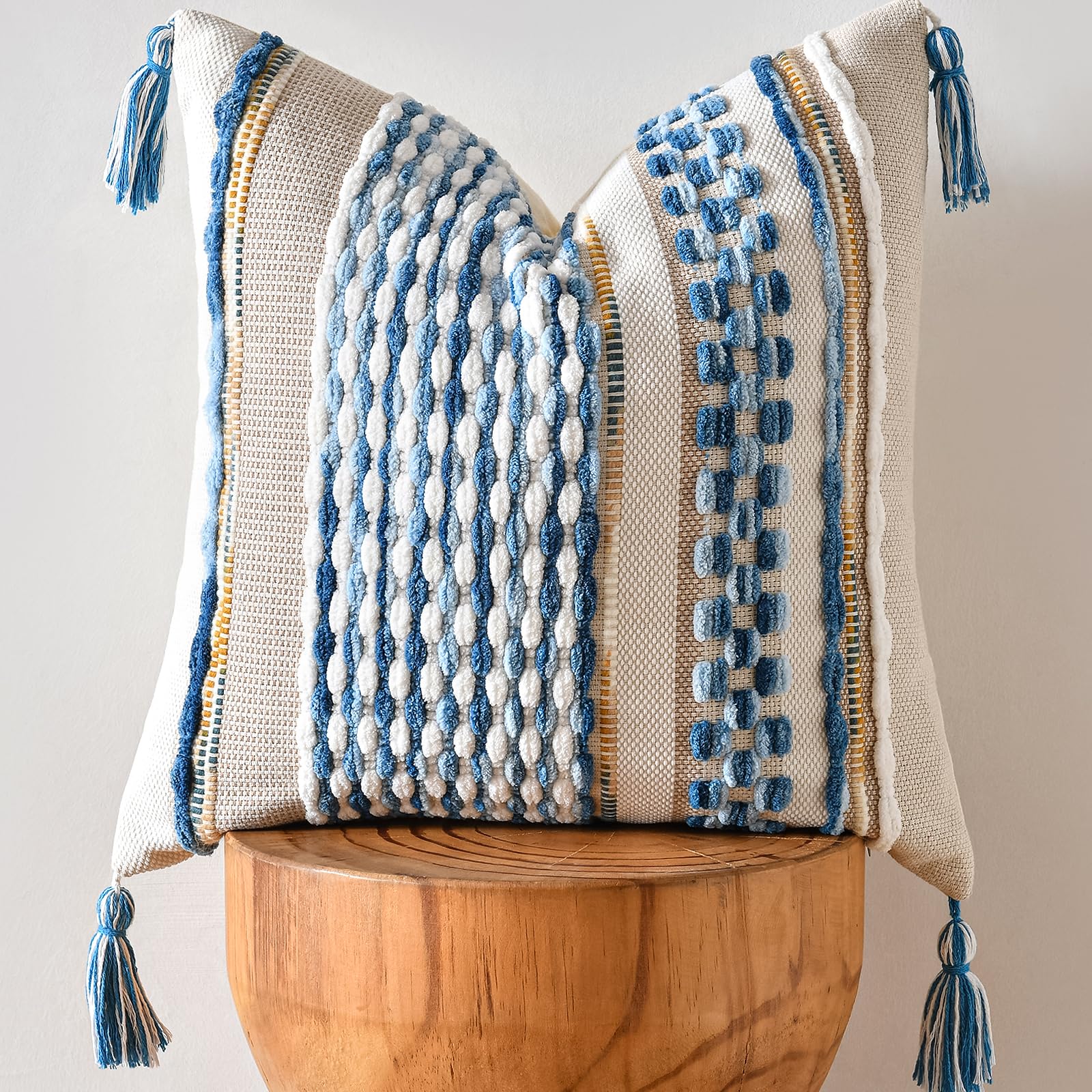 AmHoo Set of 2 Chenille Striped Tufted Textured Boho Throw Pillow Covers Aesthetic with Tassels Woven Decorative Pillow Case for Couch Bed Sofa Bedroom Modern Funky 18 x 18-Inch Brown White