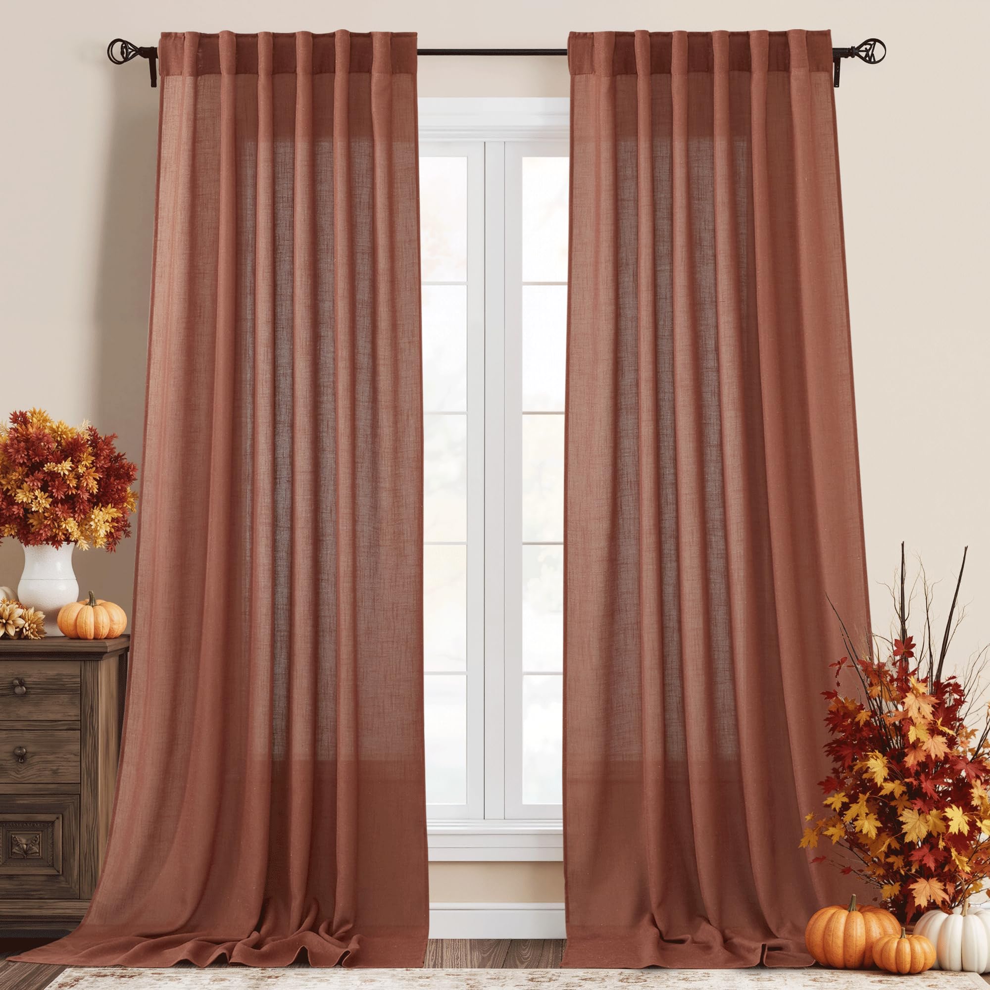 RYB HOME Linen Sheer Curtains and Drapes for Living Room 108 inches Length, Breathable Back Tab/Rod Pocket Semi Sheer Curtains, Oatmeal, W 52 x L 108 inches, 2 Panels Set