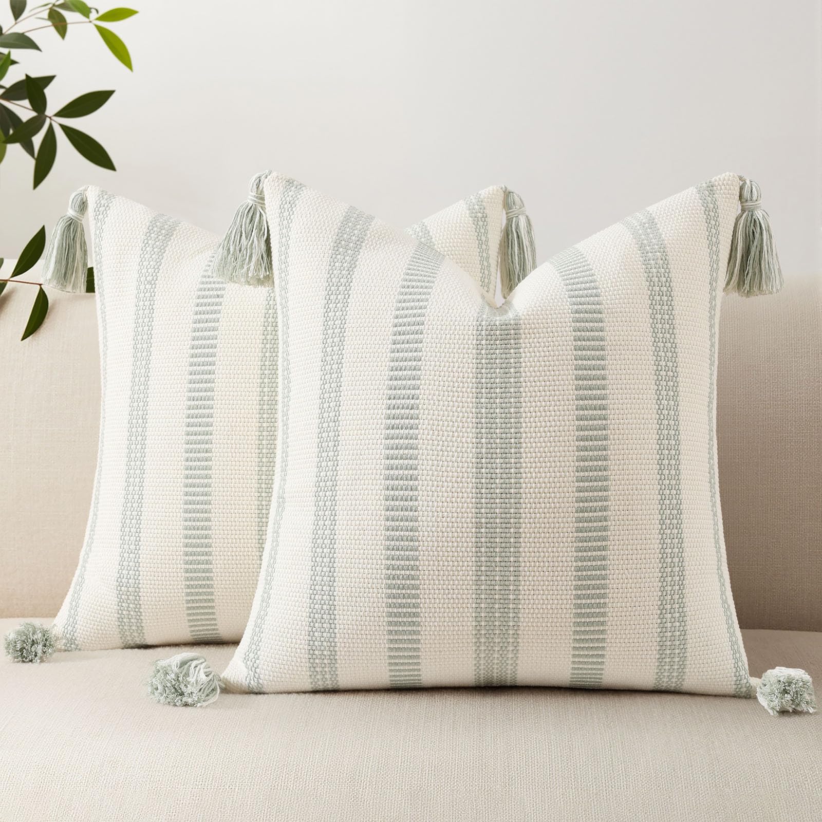 Smile Bee Boho Outdoor Couch Throw Pillow Covers Set of 2 Decorative Thick Woven Striped Accent Neutral Pillow Covers with Tassels for Bed Sofa Home Decor 20x20 Inch, Navy Blue and Cream White