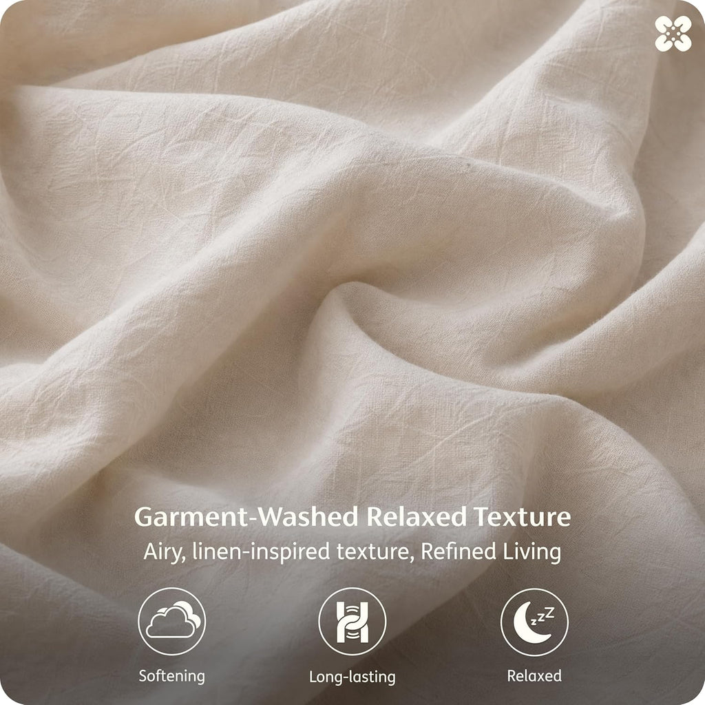 Bedsure 100% Washed Cotton Percale Sheets Queen Size - Linen Like Textured 6-Piece Bedsheet Set with 18" Deep Pocket, Breathable & PureWoven Soft Comfy (Linen Beige, Queen)