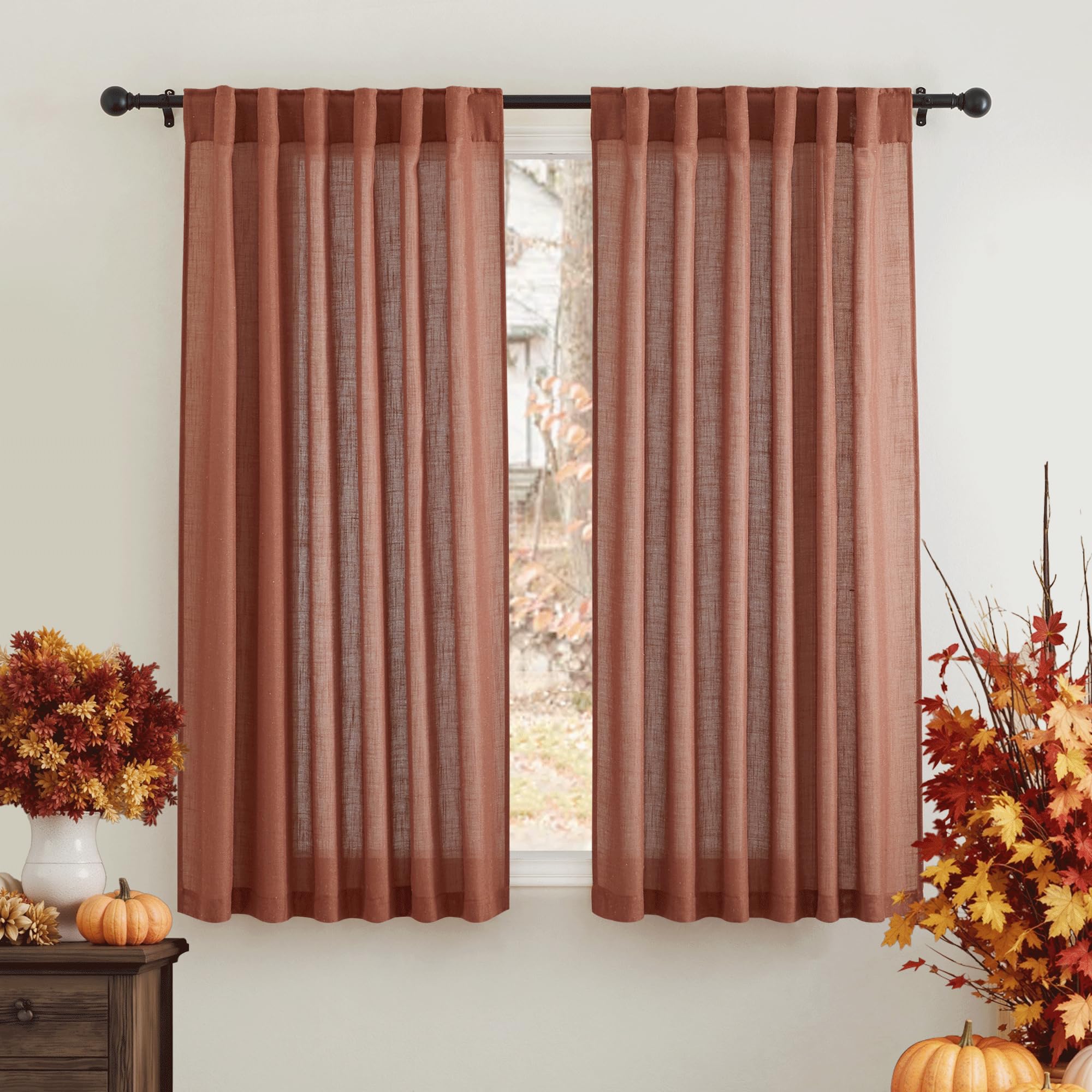 RYB HOME Linen Sheer Curtains and Drapes for Living Room 108 inches Length, Breathable Back Tab/Rod Pocket Semi Sheer Curtains, Oatmeal, W 52 x L 108 inches, 2 Panels Set