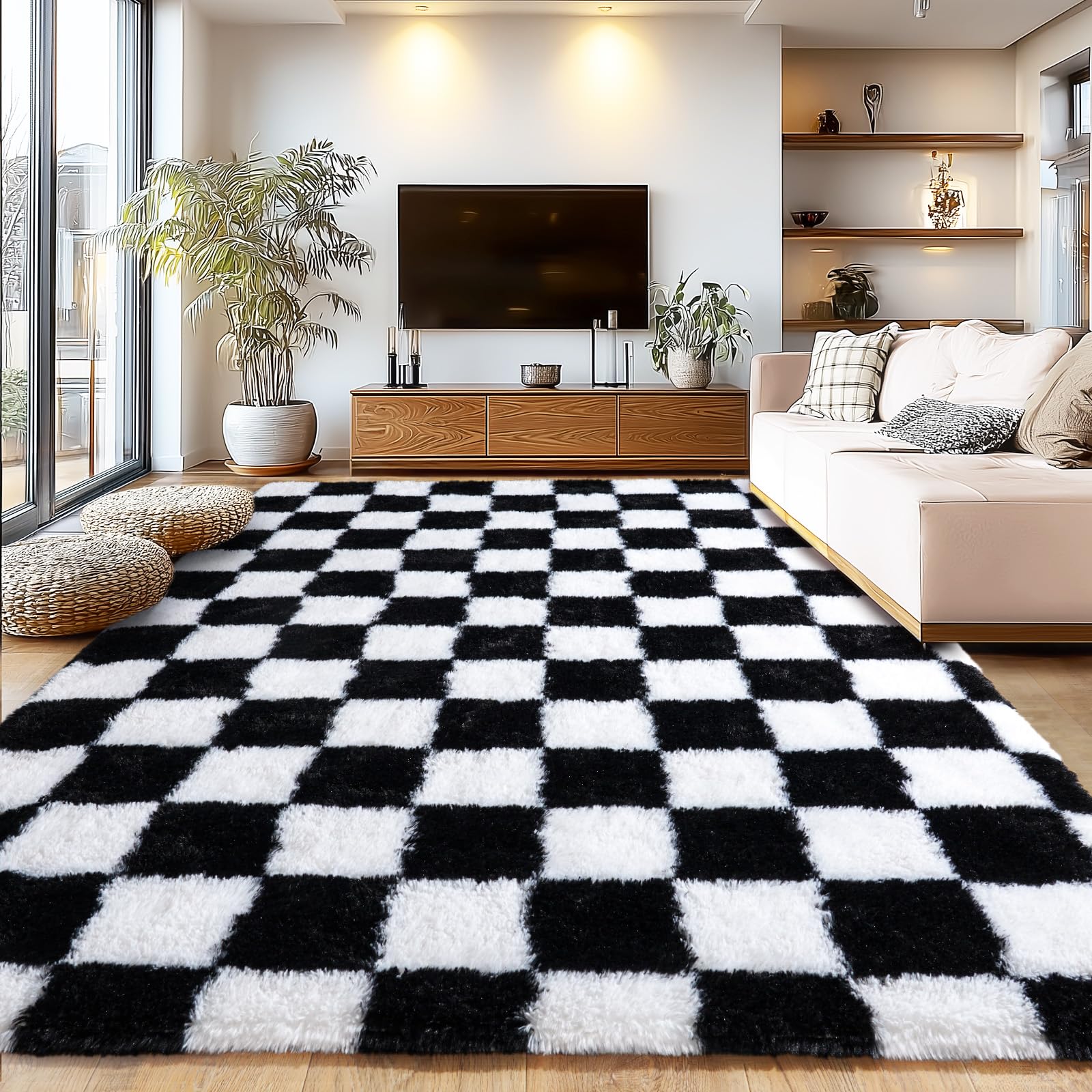 Shaggy Area Rugs, Fuzzy Rugs for Living Room, Soft Nursery Area Rug for Girls, Tie Dye Black Gray Plush Area Rugs Non Slip, Fluffy Rug Carpet 8x10ft