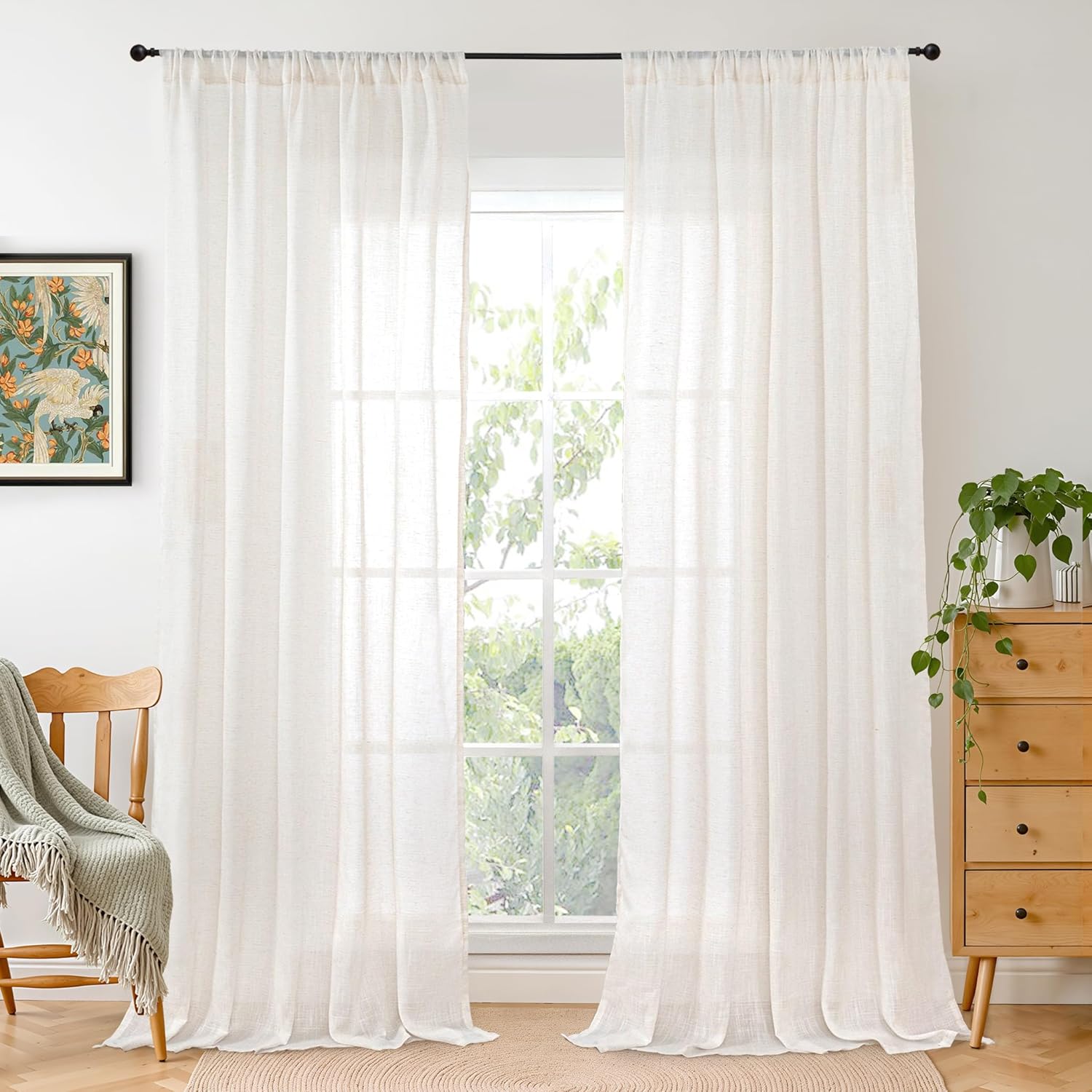 BGment 90 Inches Long Curtains Linen Semi Sheer, Light Filtering Window Treatments Drapes with Rod Pocket Lightweight for Living Room Bedroom, 2 Panels, 52 Inch Wide Each Panel