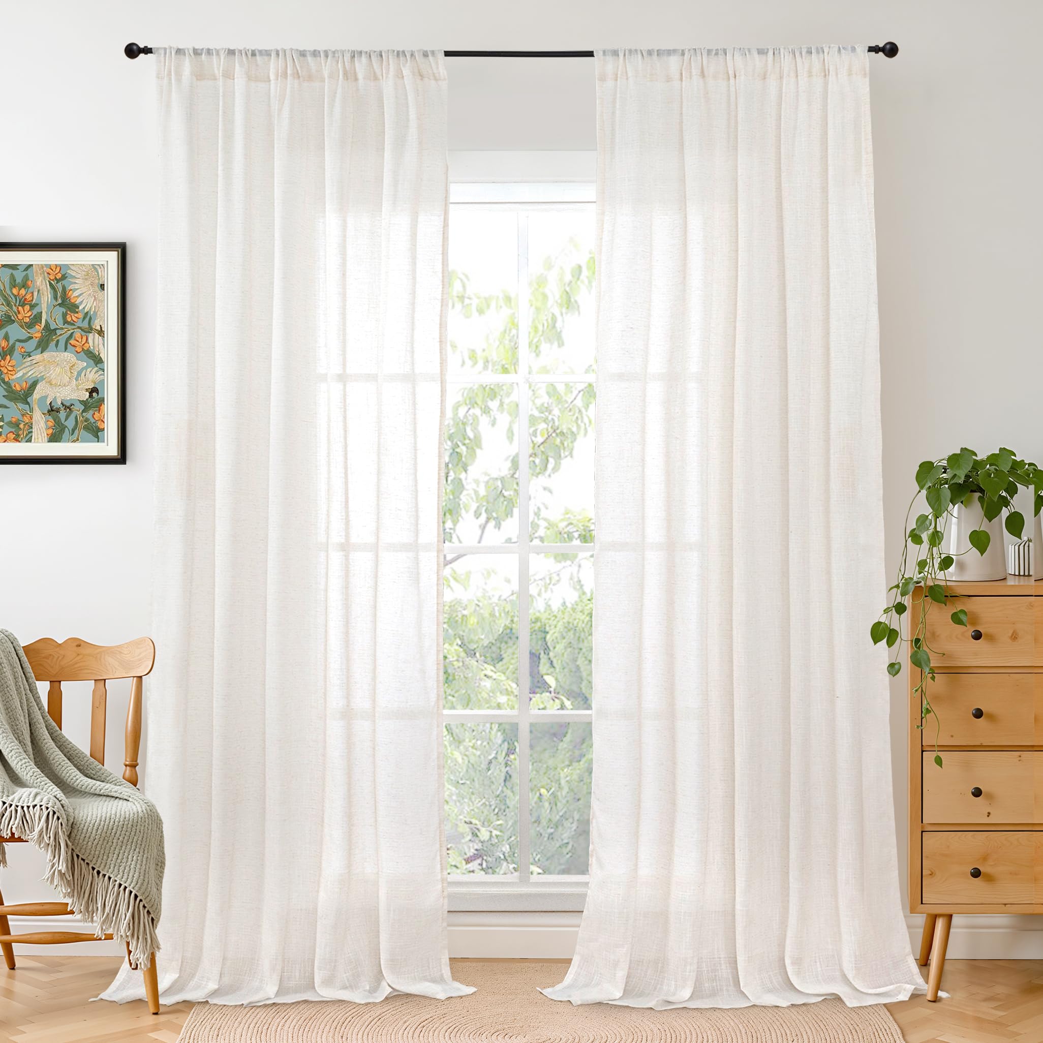 BGment 90 Inches Long Curtains Linen Semi Sheer, Light Filtering Window Treatments Drapes with Rod Pocket Lightweight for Living Room Bedroom, 2 Panels, 52 Inch Wide Each Panel