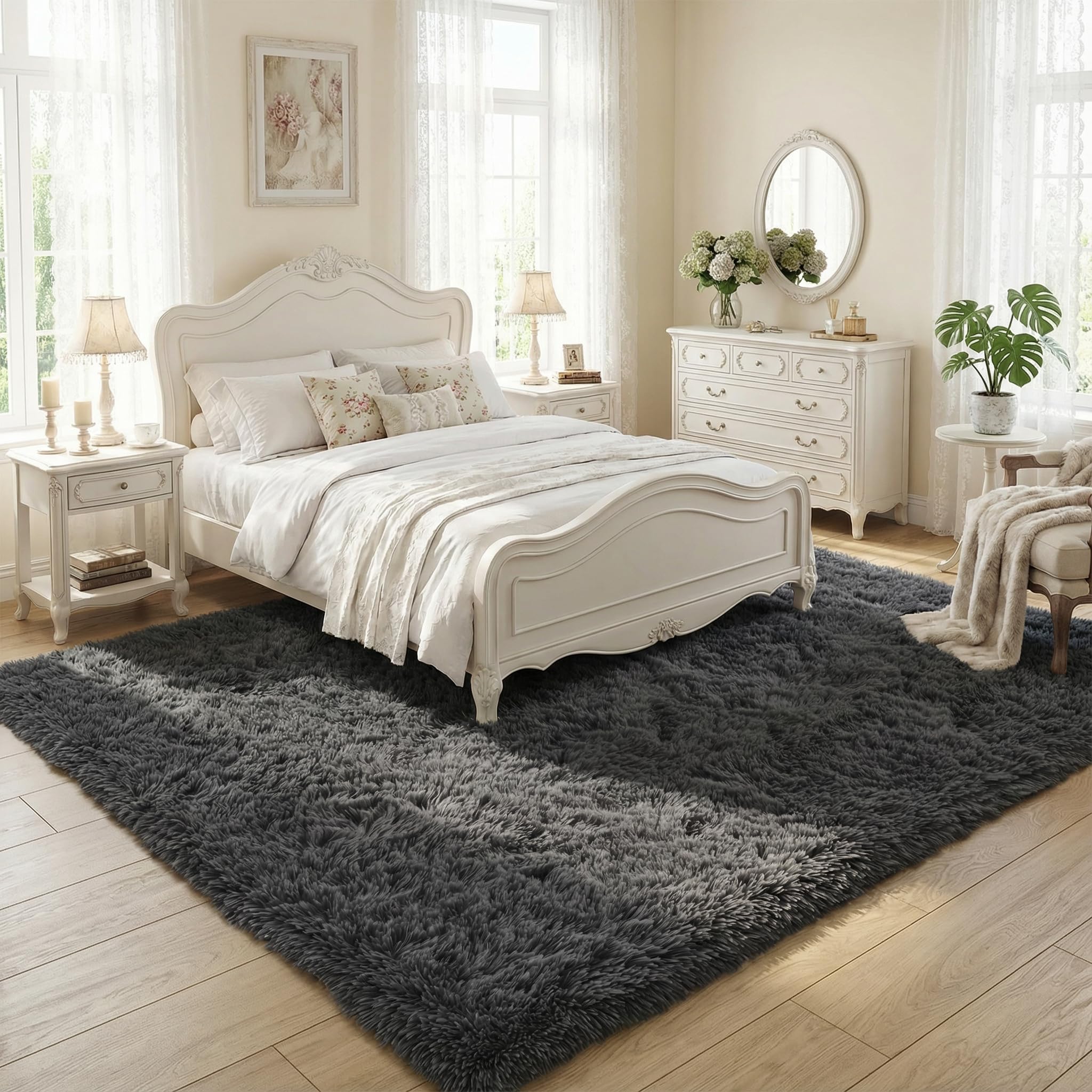 Fluffy 5x7 Area Rugs for Bedroom: Tie-dye White Grey Soft Shag Rug for Living Room, Large Fuzzy Plush Indoor Floor Carpet Non Slip Modern Rug for Nursery Boys Girls Kids Room Playroom Dorms Home Decor