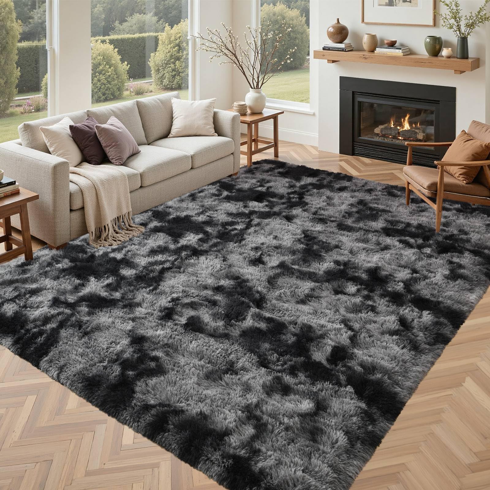 5×7ft Grey Fluffy Tie-Dyed Rug, Soft Shag Carpet for Home Decor