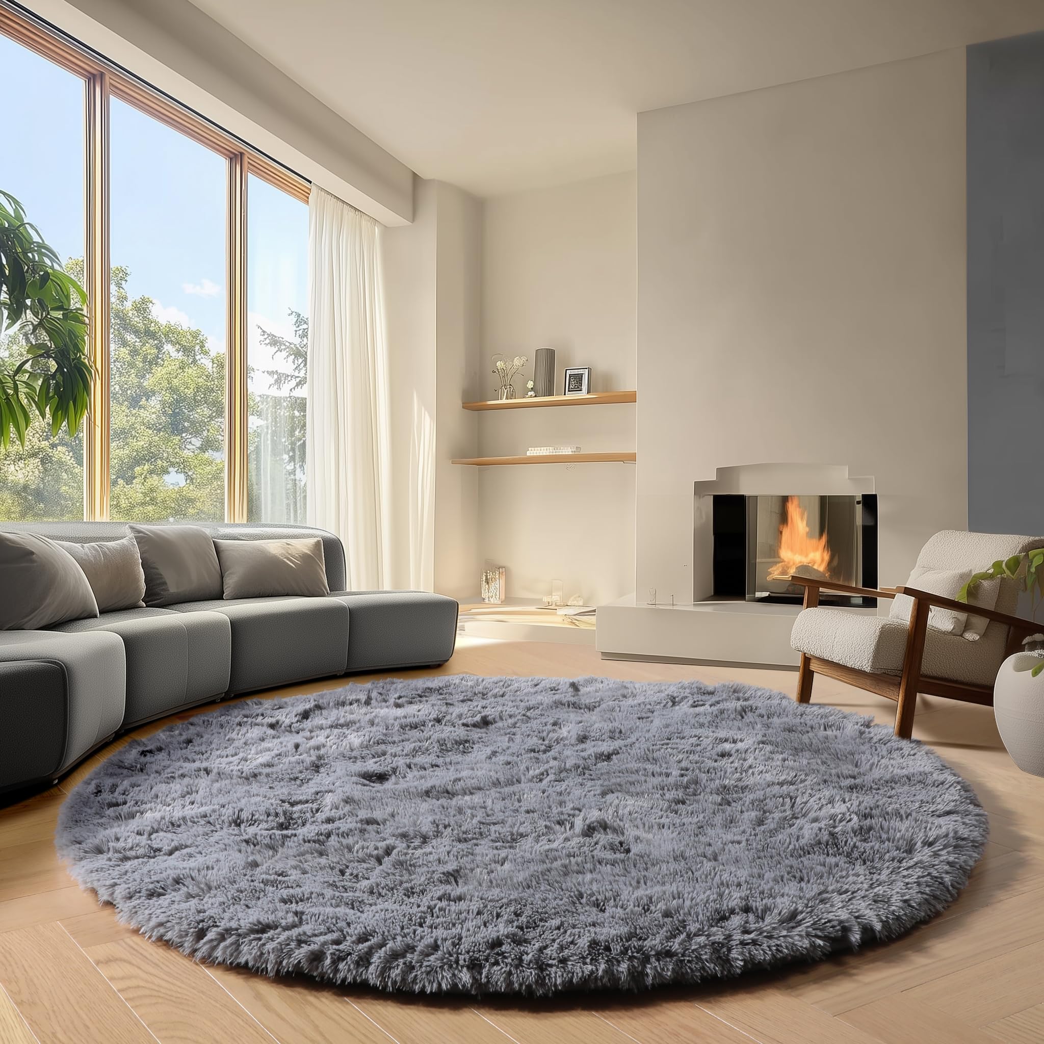 ONASAR Tie-Dyed Dark Grey Round Area Rugs 5ft, Ultra Soft Bedroom Circle Rug for Kids Girls Teen Room, Fluffy Plush Shaggy Carpet Floor Mats for Baby Nursery Living Room Playroom Home Decor