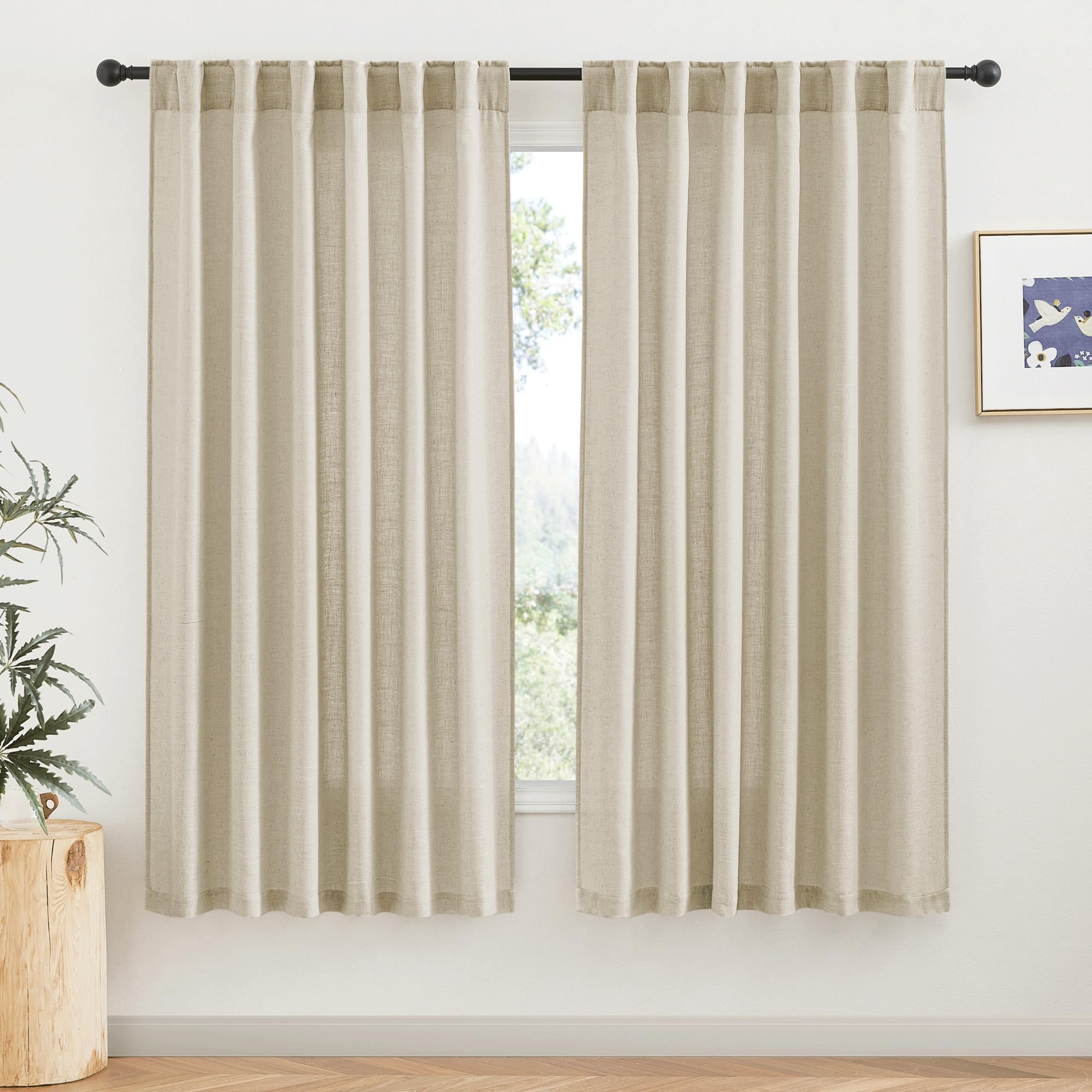 RYB HOME Linen Sheer Curtains and Drapes for Living Room 108 inches Length, Breathable Back Tab/Rod Pocket Semi Sheer Curtains, Oatmeal, W 52 x L 108 inches, 2 Panels Set