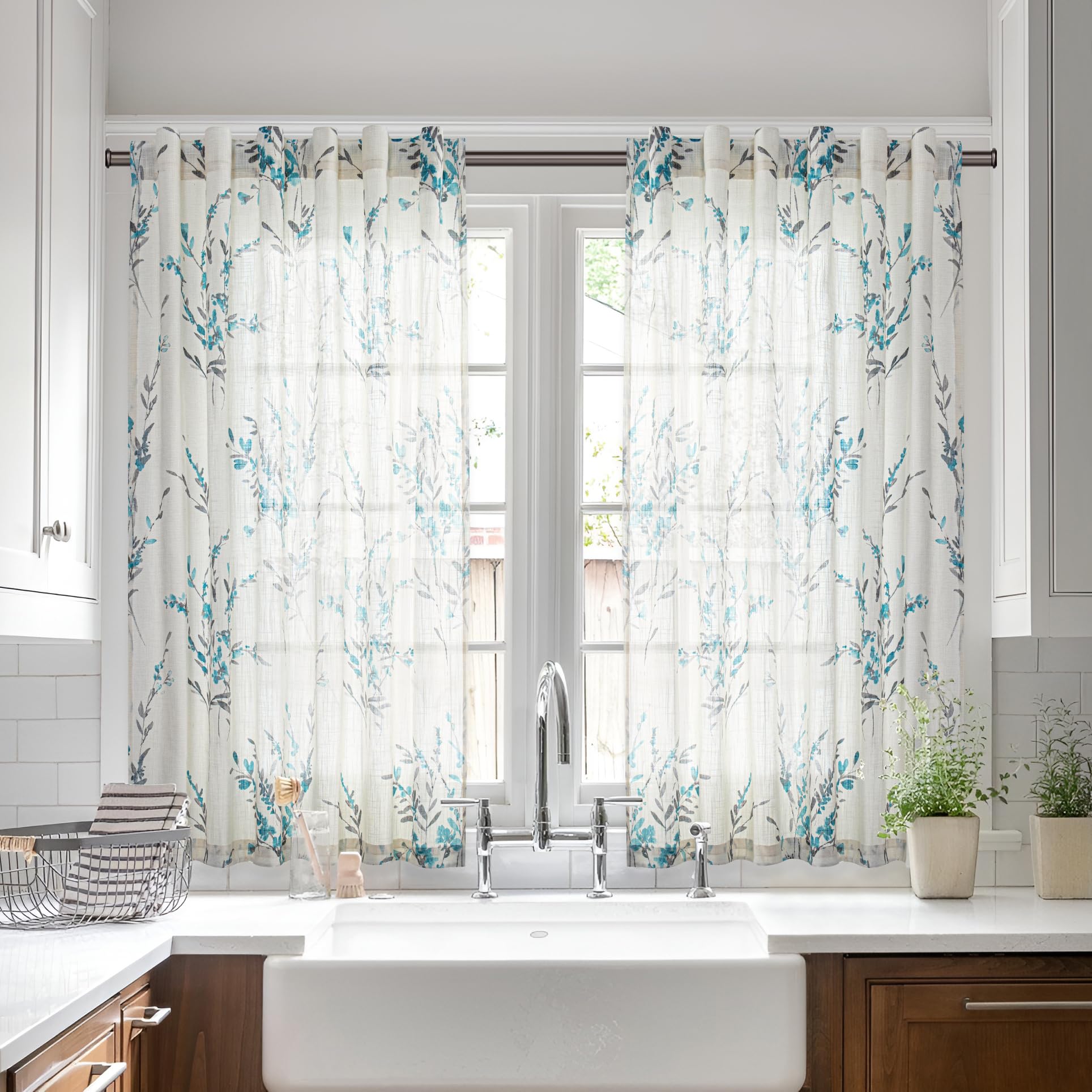 MYSKY HOME Ceiling Curtains for Living Room, Farmhouse Style Lines Printed Curtains 95 Inches Long Semi Sheer Drapes for Living Room, Modern Style Room Divider Curtains, 50"x95", Khaki, 2 PCs