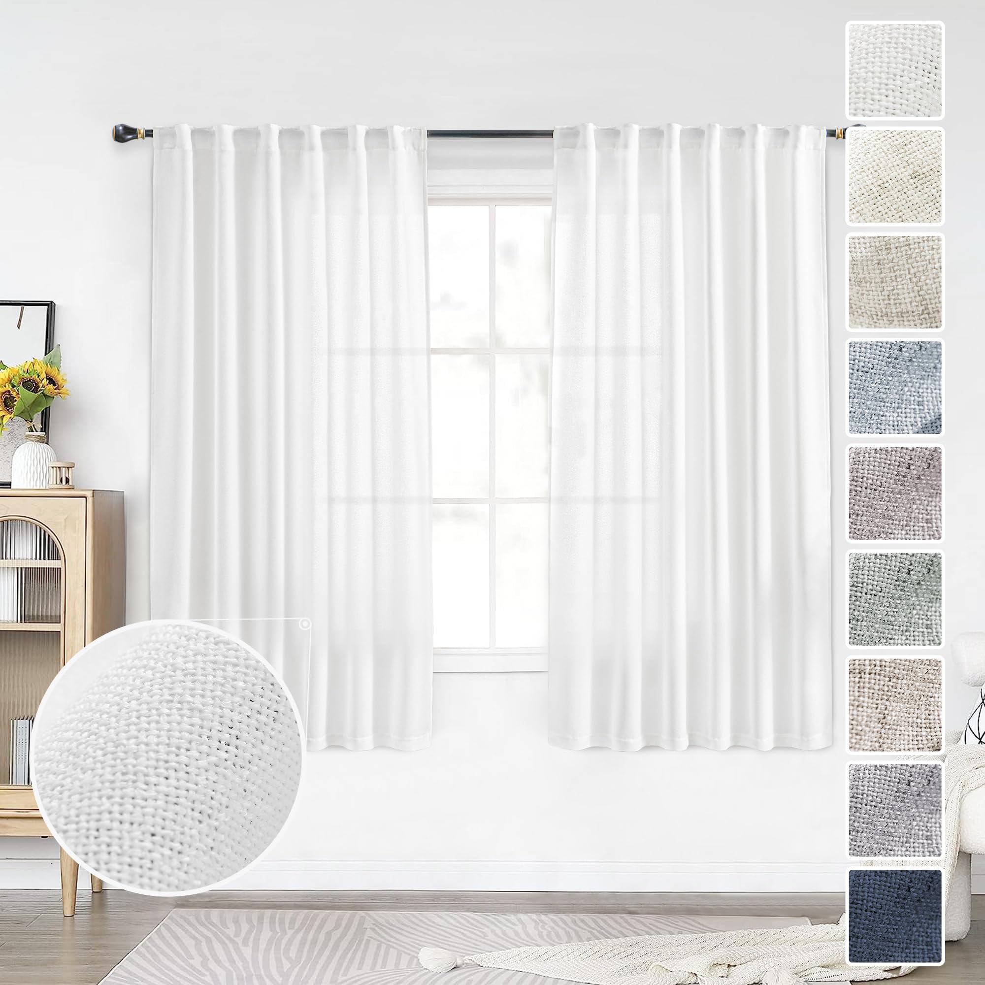 Natural Linen Back Tab Curtains 92 inch Long 2 Panels Set for Living Room Semi Sheer Light Filtering Window Drape Neutral Country Farmhouse Boho Curtains for Bedroom Cream Beige