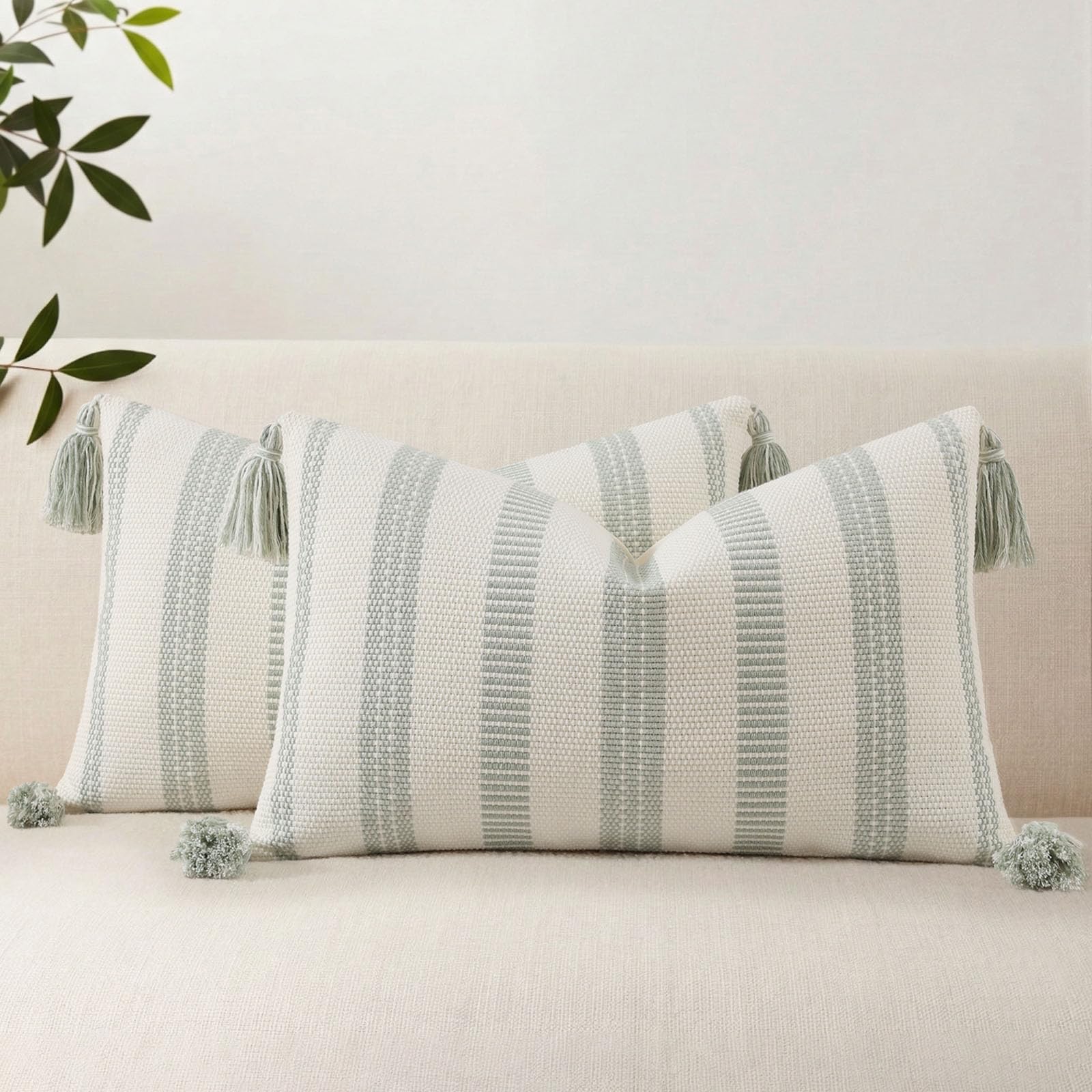 Smile Bee Boho Outdoor Couch Throw Pillow Covers Set of 2 Decorative Thick Woven Striped Accent Neutral Pillow Covers with Tassels for Bed Sofa Home Decor 20x20 Inch, Navy Blue and Cream White