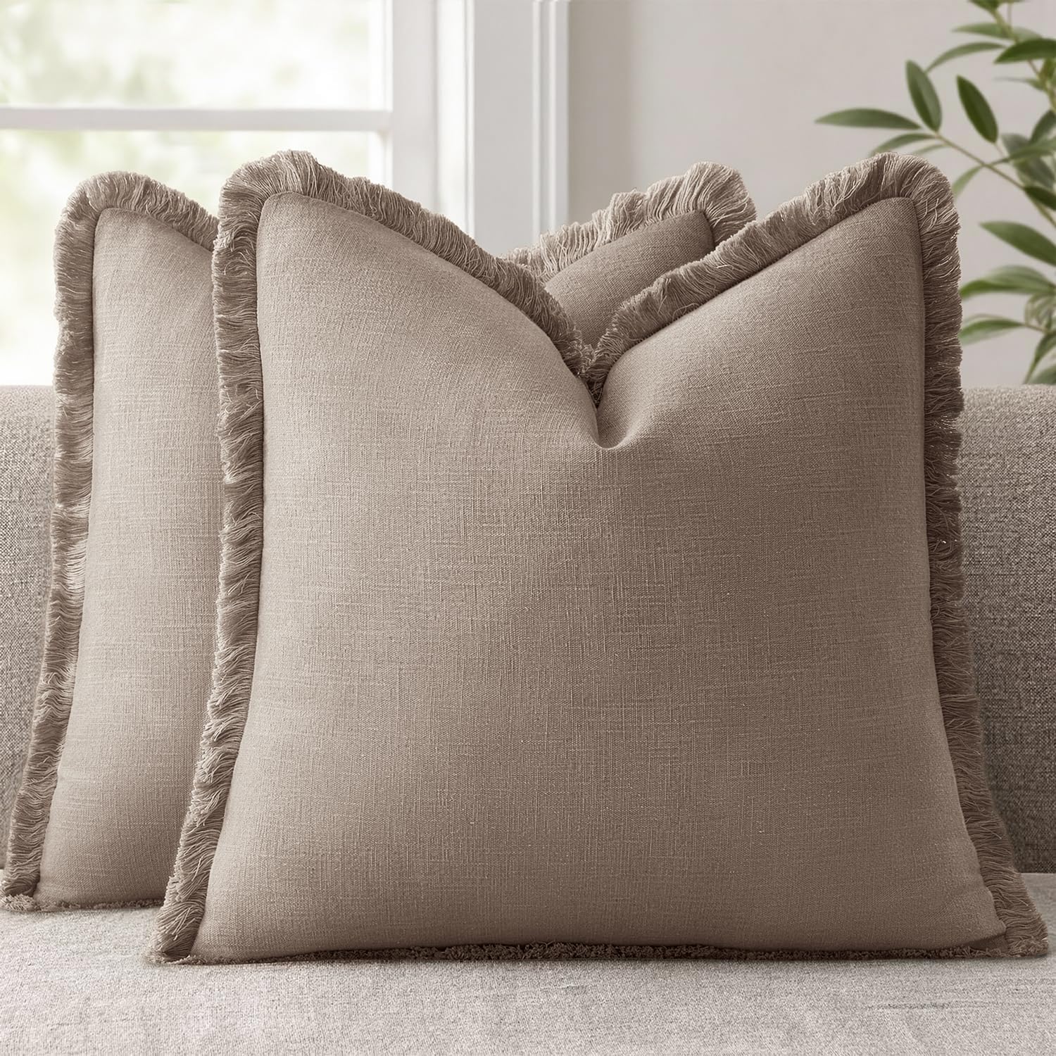 ANRODUO Set of 2 Decorative Throw Pillow Covers 26×26 Inch Soft Linen Fringe Farmhouse Boho Vintage Cushion Covers with Tassels Accent Pillowcase for Couch Sofa Bed Living Room Summer Decor Cream