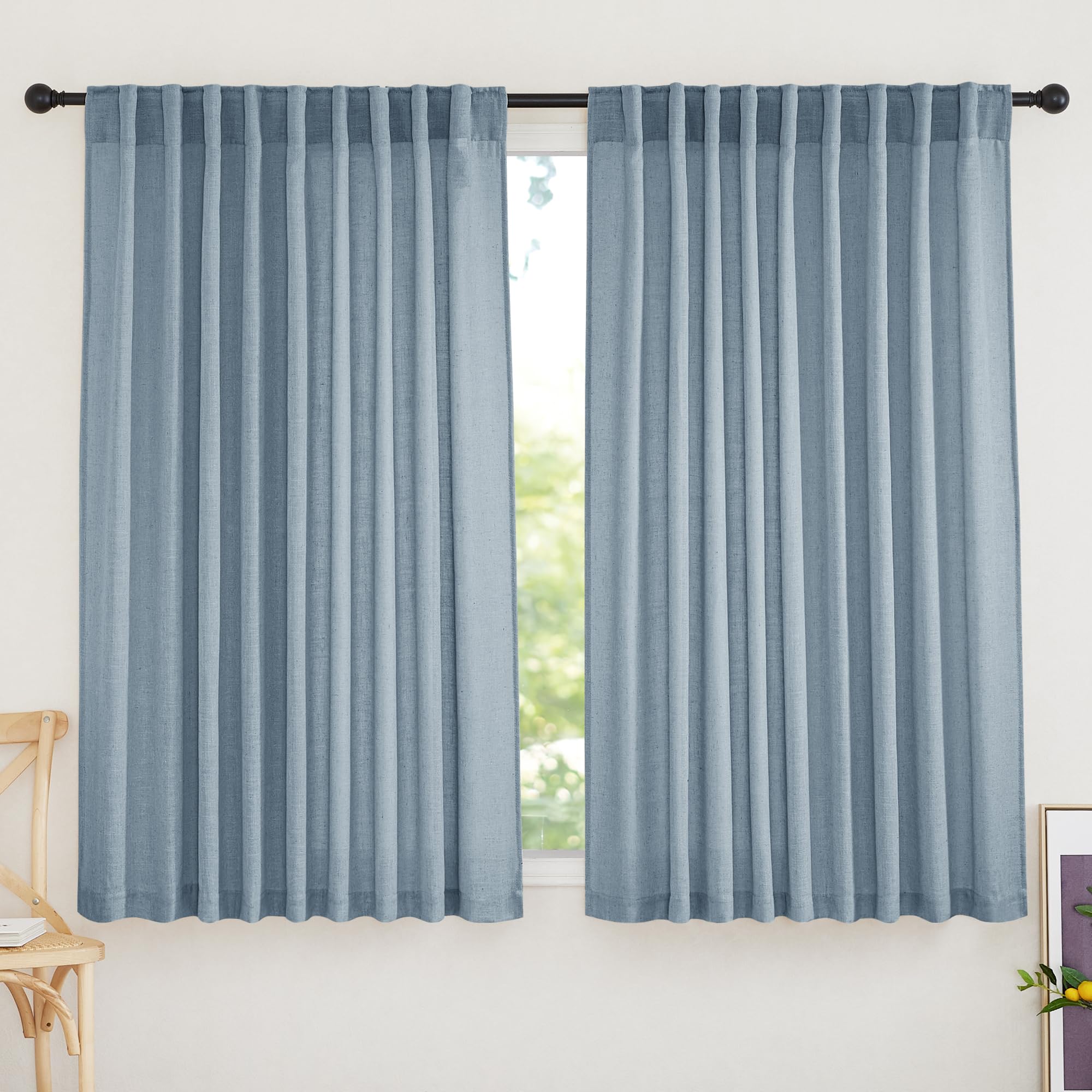 RYB HOME Linen Sheer Curtains and Drapes for Living Room 108 inches Length, Breathable Back Tab/Rod Pocket Semi Sheer Curtains, Oatmeal, W 52 x L 108 inches, 2 Panels Set