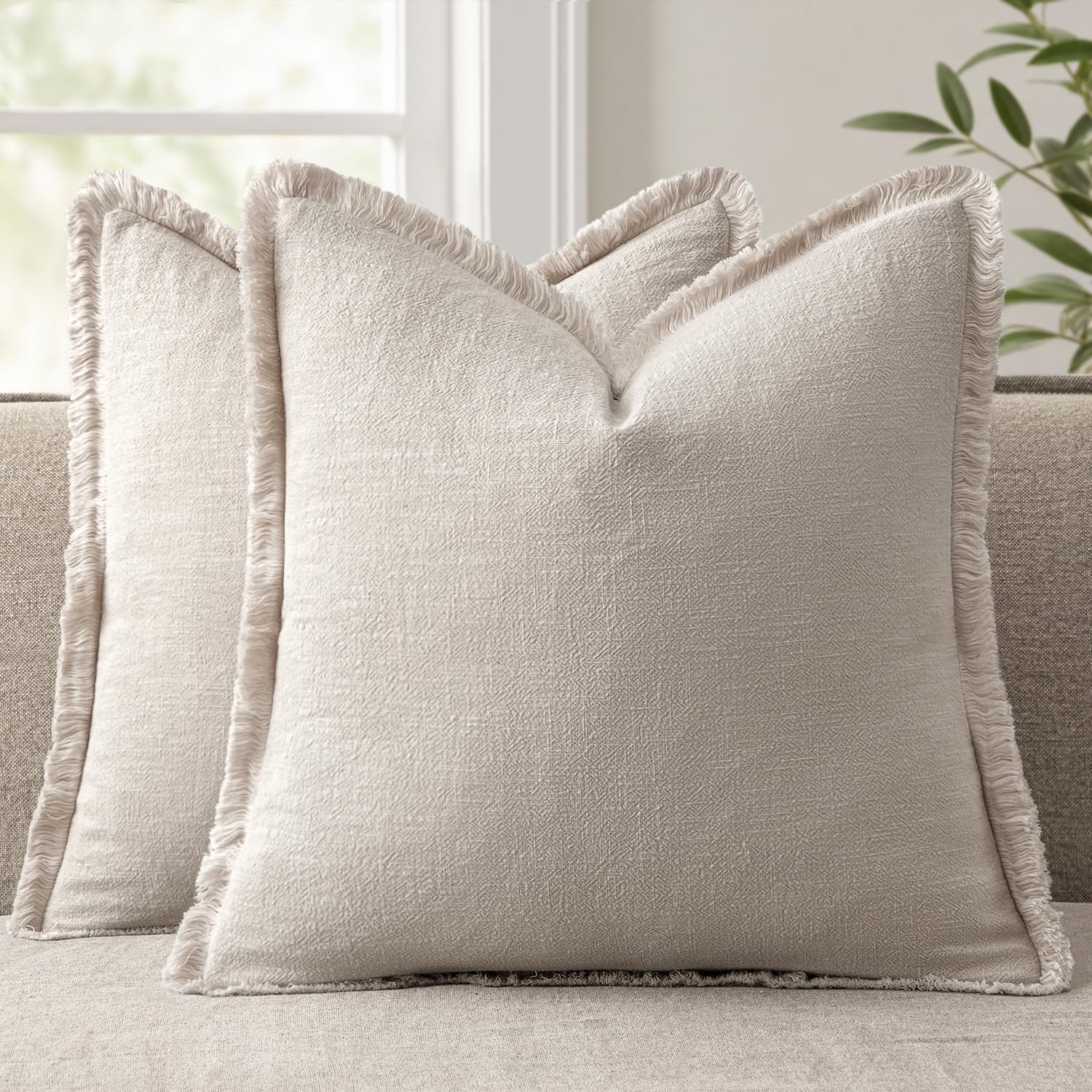 ANRODUO Set of 2 Decorative Throw Pillow Covers 26×26 Inch Soft Linen Fringe Farmhouse Boho Vintage Cushion Covers with Tassels Accent Pillowcase for Couch Sofa Bed Living Room Summer Decor Cream