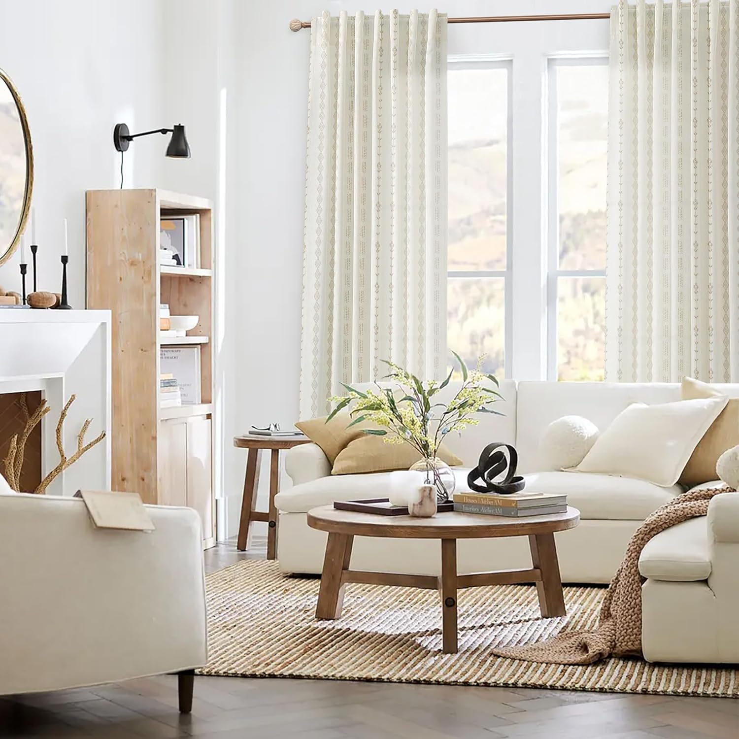 Linen Farmhouse Curtains for Living Room, Neutral Taupe Cream Light Filtering Boho Sheer Floral Patterned Curtains for Dining Room Bedroom 84 Inch Length 2 Panels Set