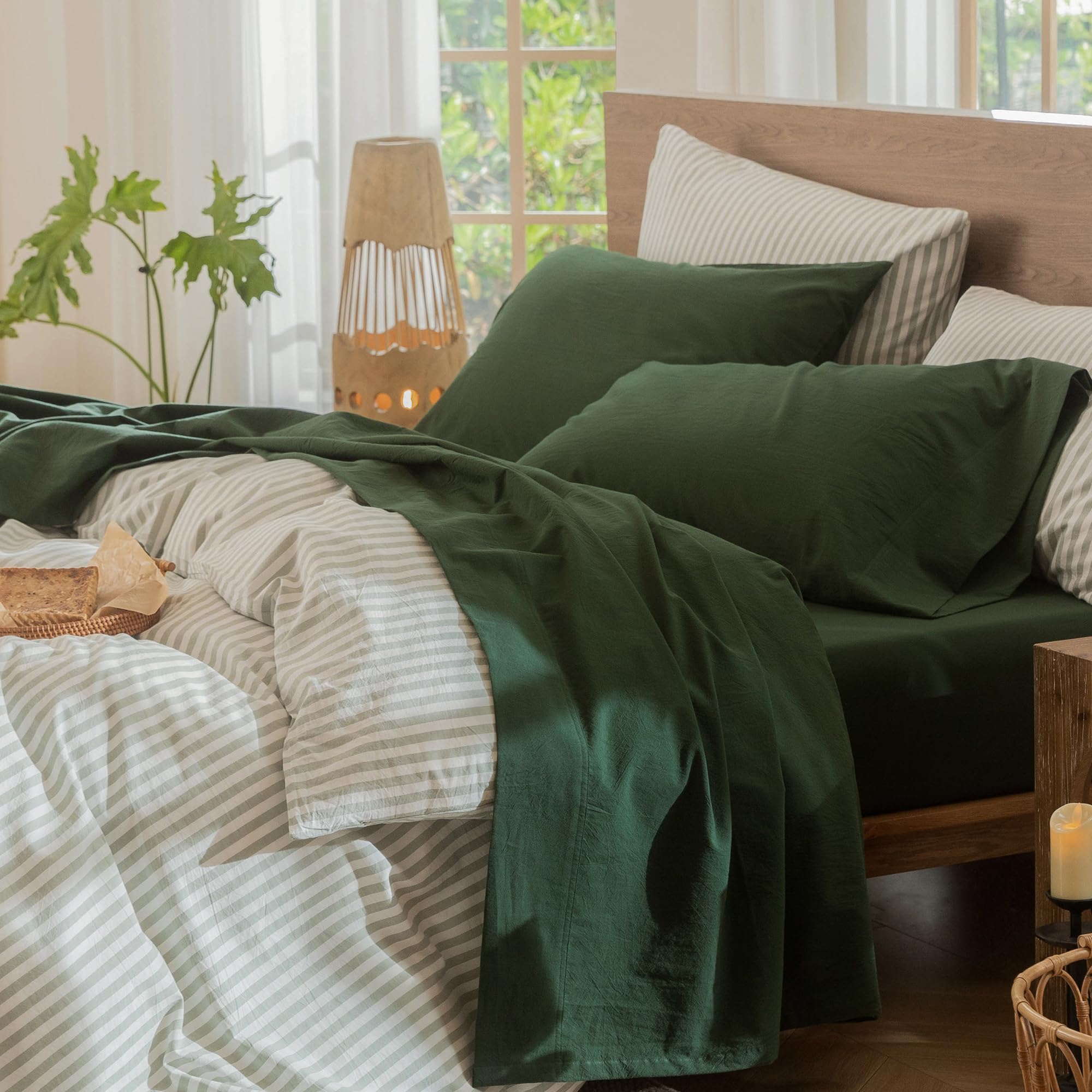 MooMee Bedding Sheet Set 100% Washed Cotton Linen Like Textured Breathable Durable Soft Comfy (Heathered Green, Queen)