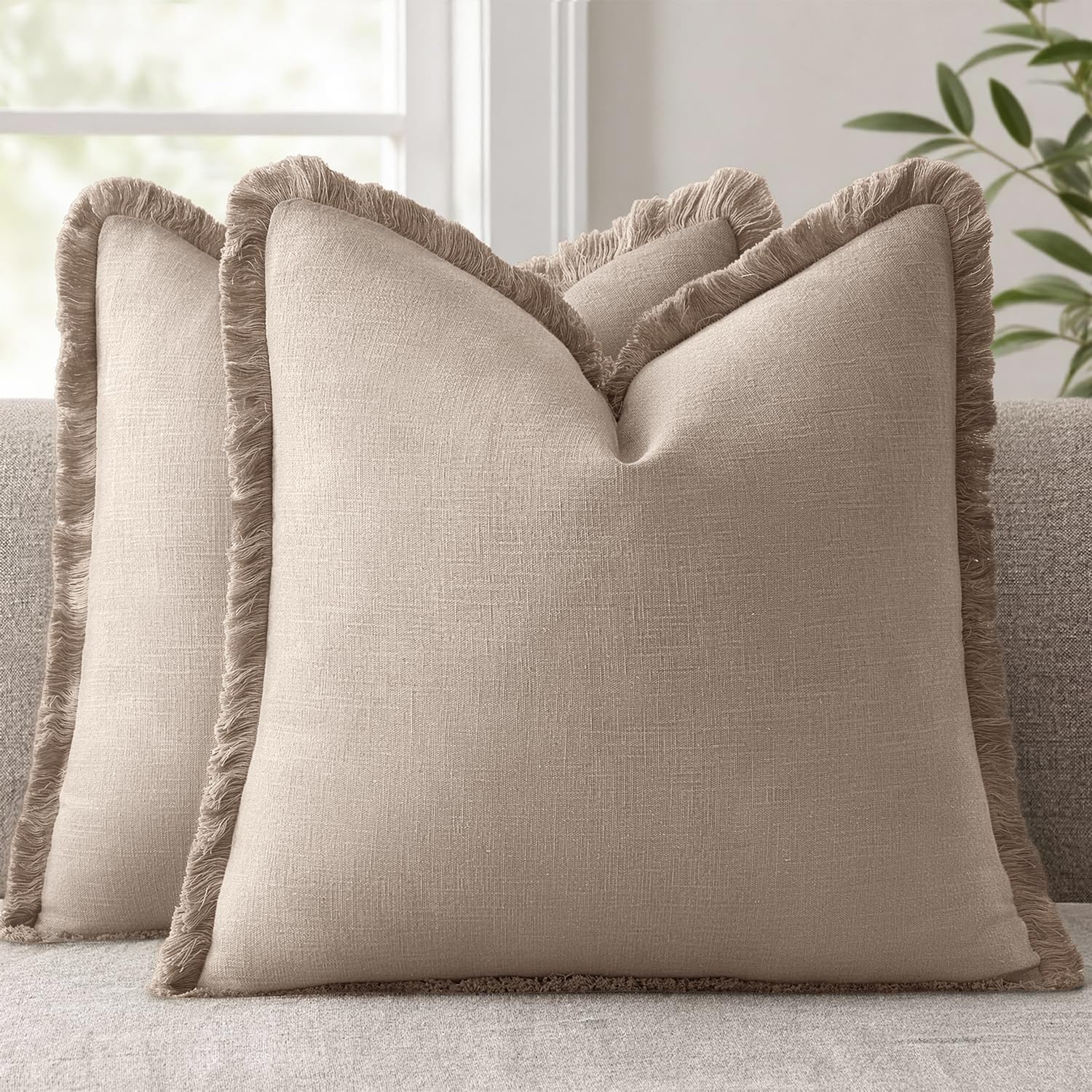 ANRODUO Set of 2 Decorative Throw Pillow Covers 26×26 Inch Soft Linen Fringe Farmhouse Boho Vintage Cushion Covers with Tassels Accent Pillowcase for Couch Sofa Bed Living Room Summer Decor Cream