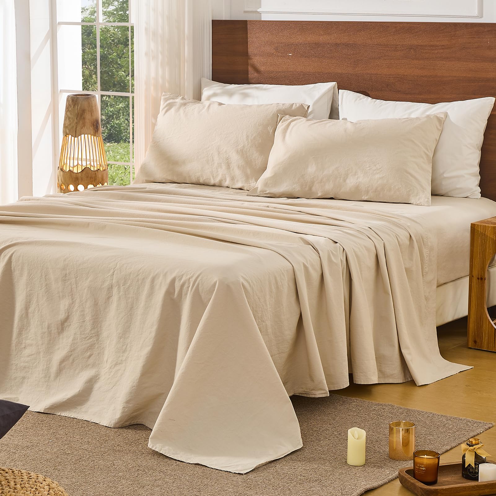 Bedlifes 100% French Linen Sheets Queen Size 18-24”Extra Deep Pocket 4-Piece Set Breathable & Moisture-Wicking,Soft & Durable Sheets for Thick Mattresses(Linen)