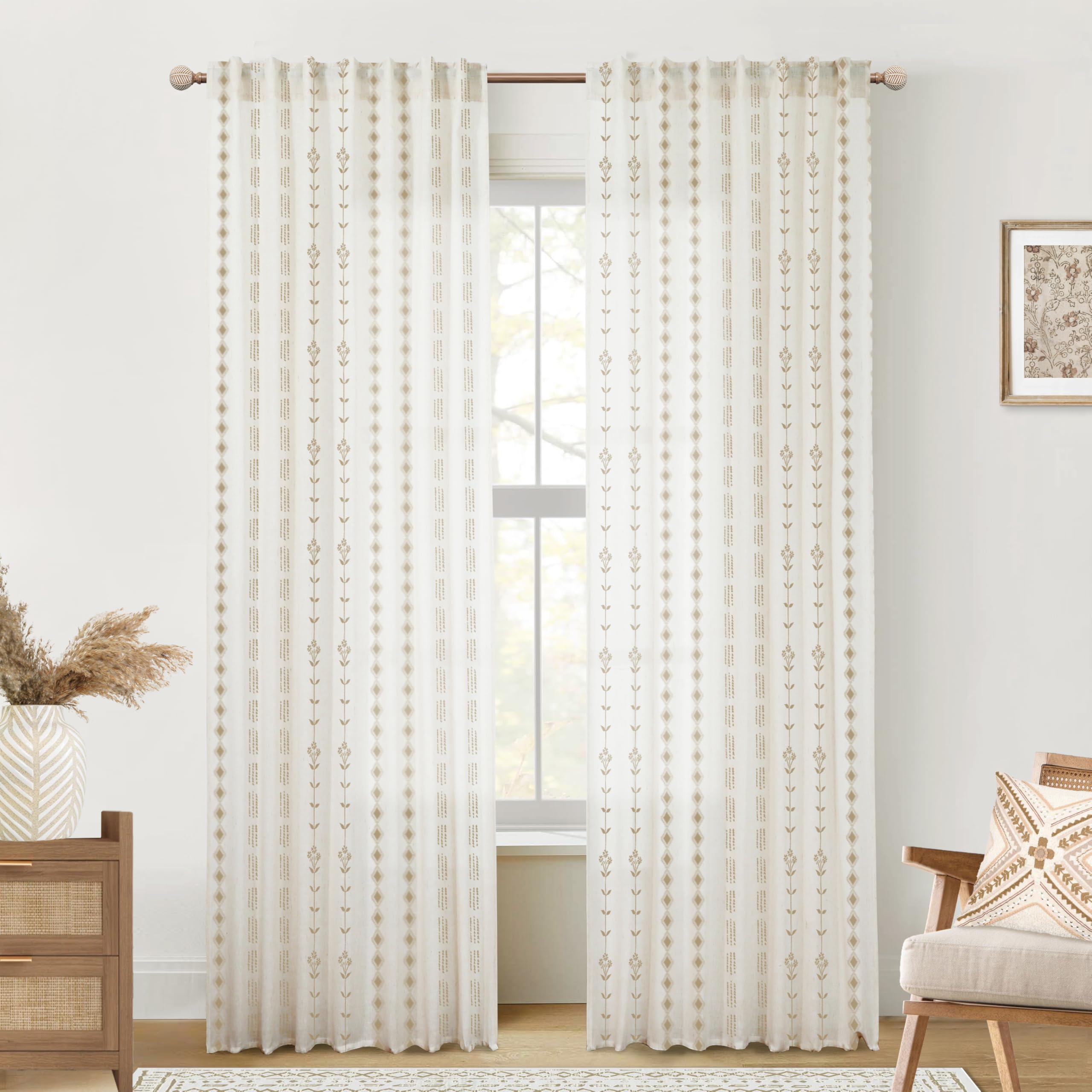 Linen Farmhouse Curtains for Living Room, Neutral Taupe Cream Light Filtering Boho Sheer Floral Patterned Curtains for Dining Room Bedroom 84 Inch Length 2 Panels Set