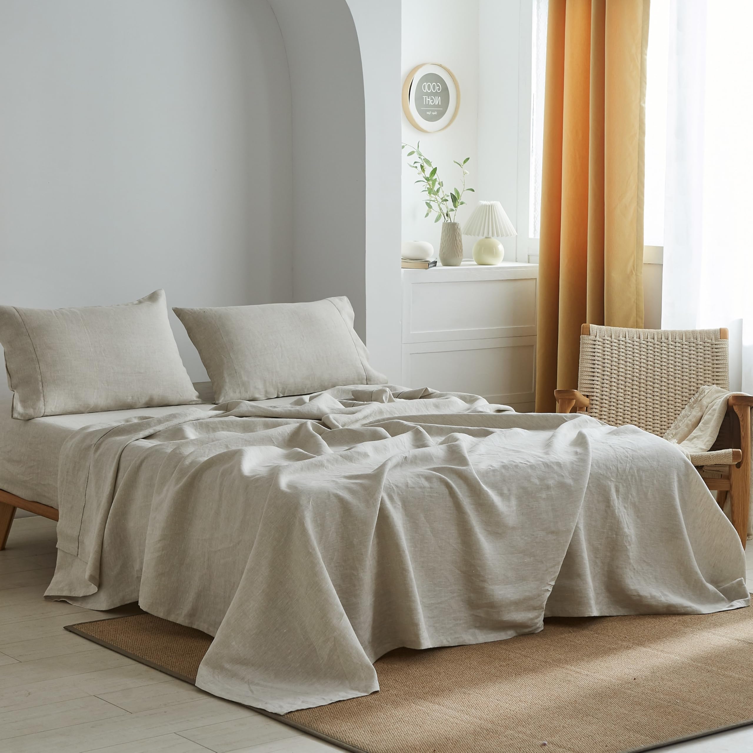 Simple&Opulence 100% Linen Sheets Queen Size Set, 4 Pcs Natural French Linen Bed Sheets, Breathable Soft Durable Bedding Set for All Season (Classic Blue, Queen)