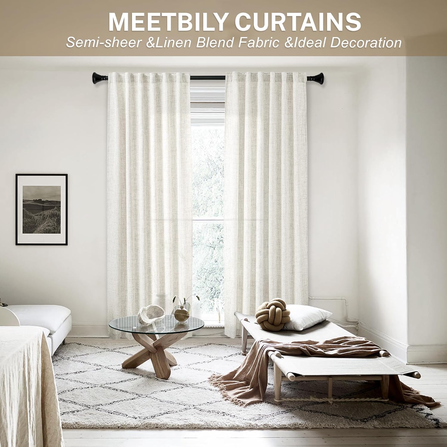 Natural Linen Back Tab Curtains 92 inch Long 2 Panels Set for Living Room Semi Sheer Light Filtering Window Drape Neutral Country Farmhouse Boho Curtains for Bedroom Cream Beige