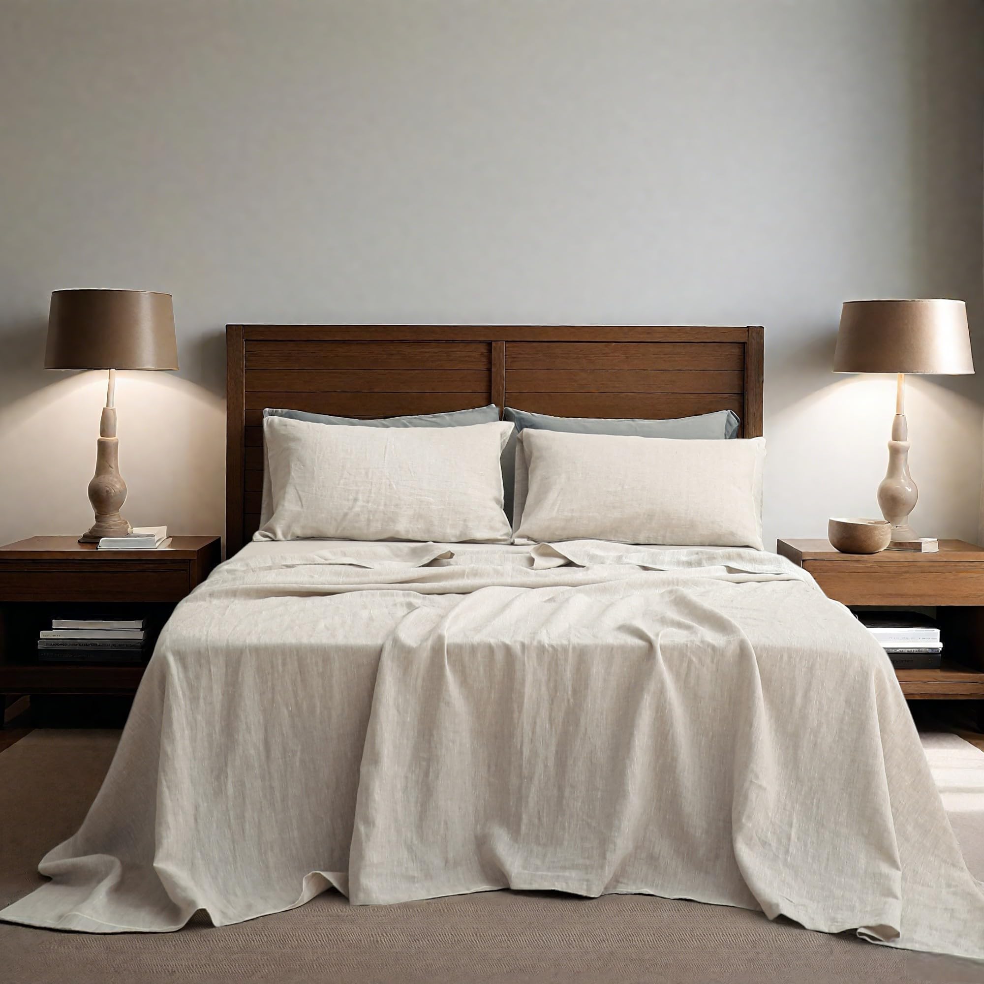 Simple&Opulence 100% Linen Sheets Queen Size Set, 4 Pcs Natural French Linen Bed Sheets, Breathable Soft Durable Bedding Set for All Season (Classic Blue, Queen)