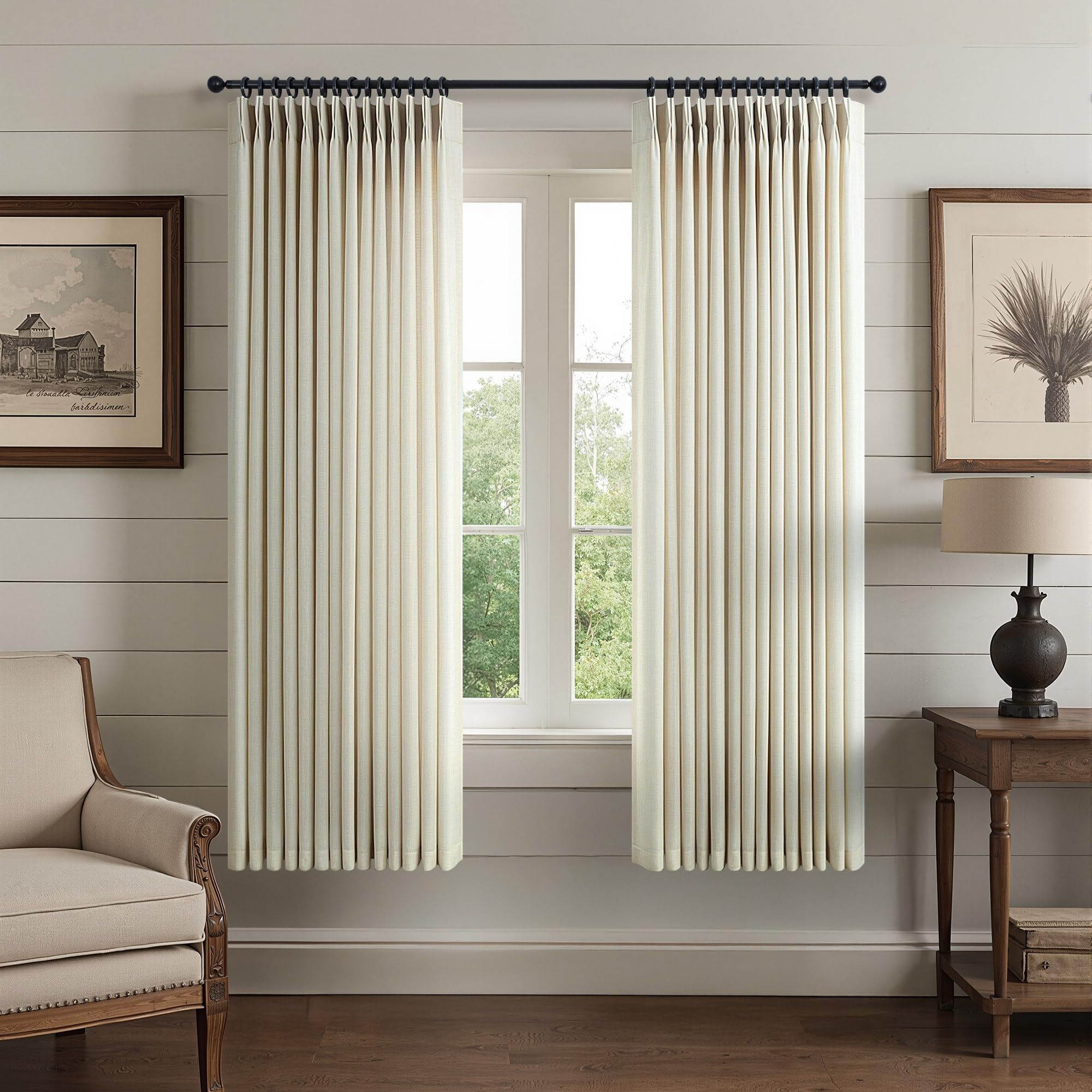 Natural Pinch Pleated Linen Cream Curtains 84 Inch Length 2 Panels for Living Room Bedroom Ivory Semi Sheer Light Filtering Modern Farmhouse Boho Neutral Rustic Long Drapes Back Tab Pleat Hooks Rings