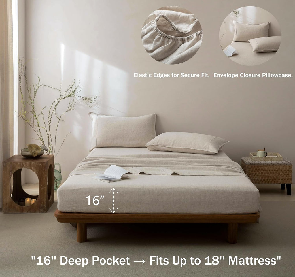 Talasily 100% French Pure Linen Sheets Set Queen Size,Oeko-TEX Certified Bedding, All-Season Breathable for Hot Sleepers,16 Inch Deep Pocket Machine Washable 4-Piece (Natural Linen)