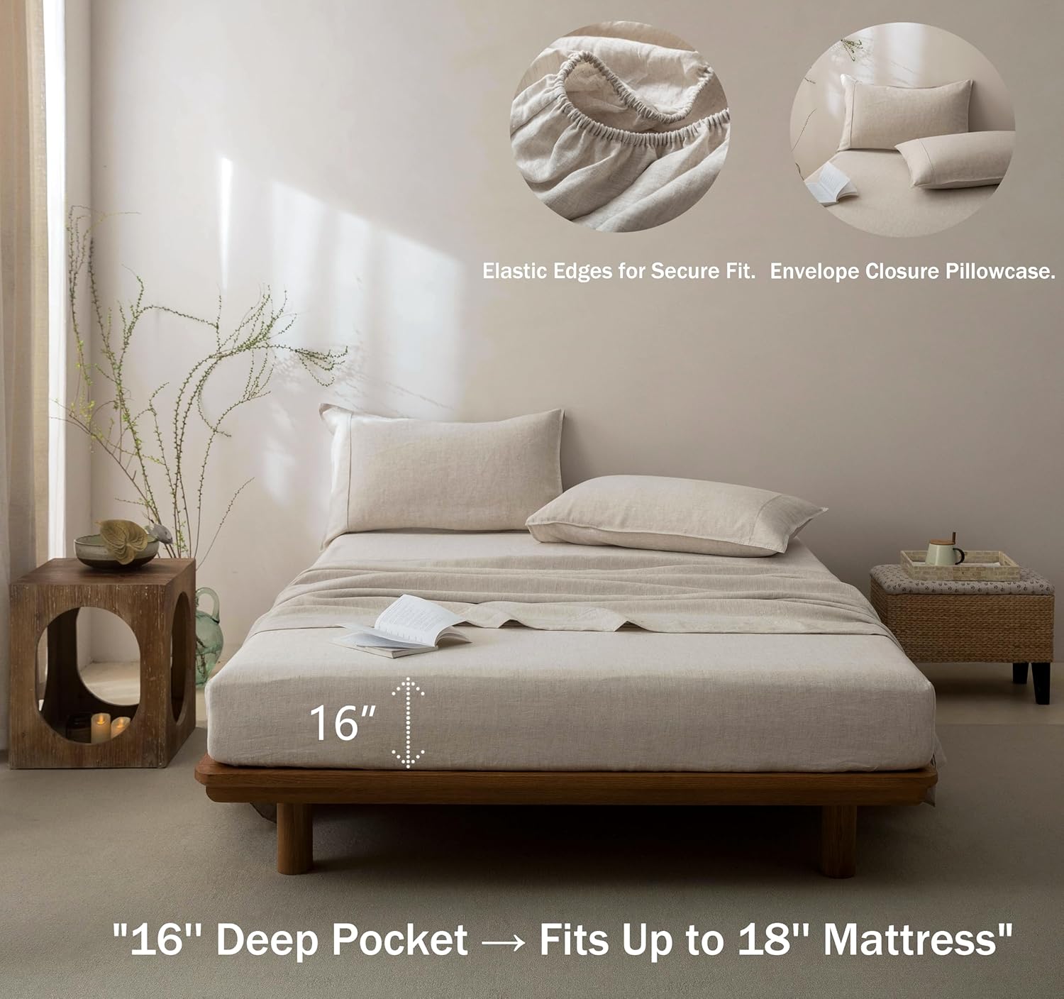 Talasily 100% French Pure Linen Sheets Set Queen Size,Oeko-TEX Certified Bedding, All-Season Breathable for Hot Sleepers,16 Inch Deep Pocket Machine Washable 4-Piece (Natural Linen)