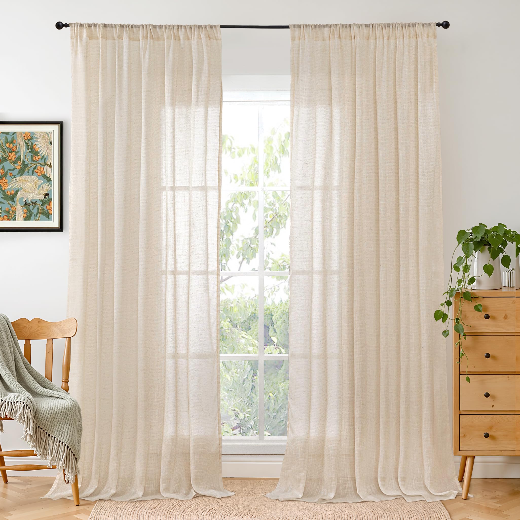 BGment 90 Inches Long Curtains Linen Semi Sheer, Light Filtering Window Treatments Drapes with Rod Pocket Lightweight for Living Room Bedroom, 2 Panels, 52 Inch Wide Each Panel