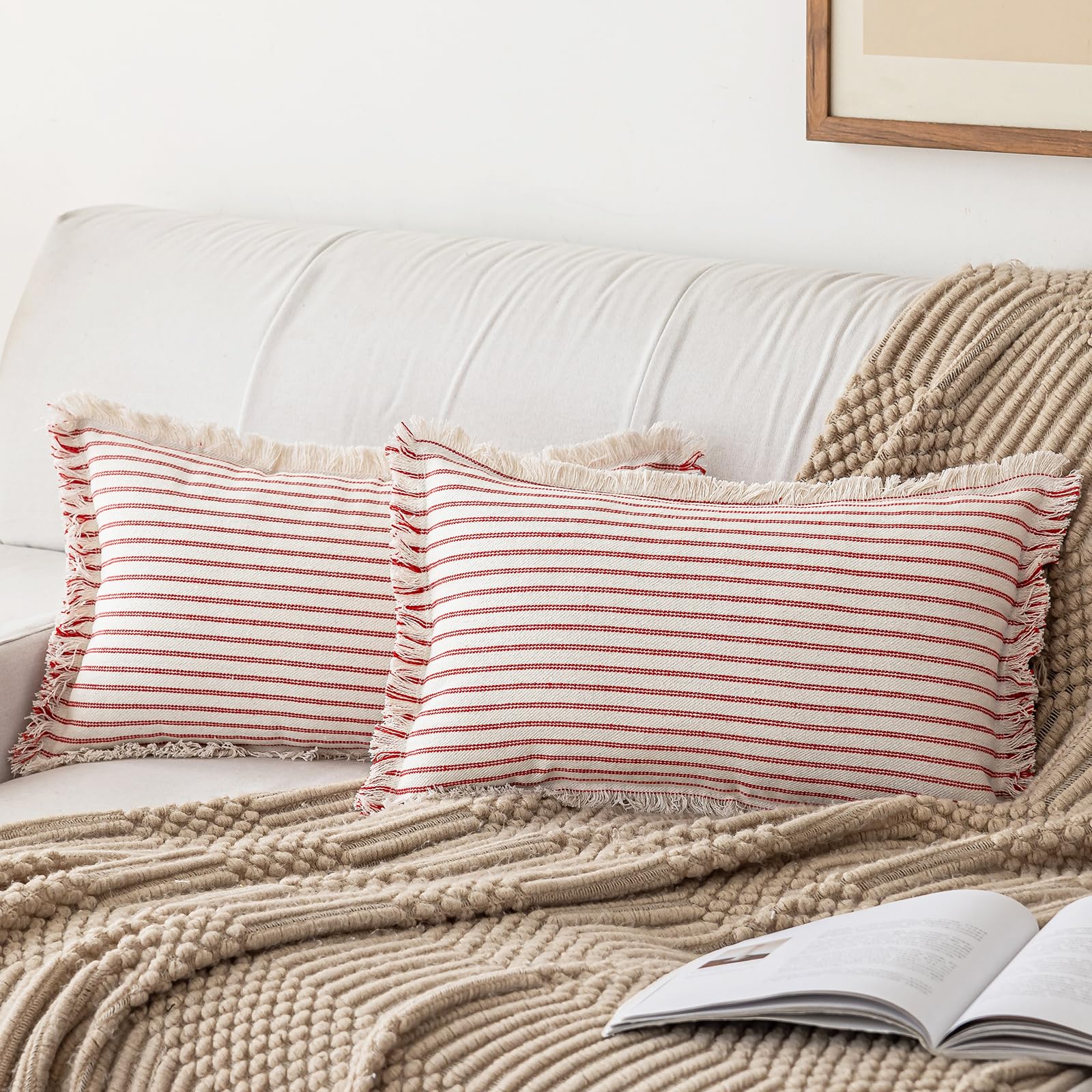 YEENAASY Throw Pillow Covers 22x22 Set of 2 Striped Fringe Pillow Cover Farmhouse Cushion Covers with Tassel Neutral Boho Pillows Decorative Square Pillowcase for Couch Sofa Bed, Blue