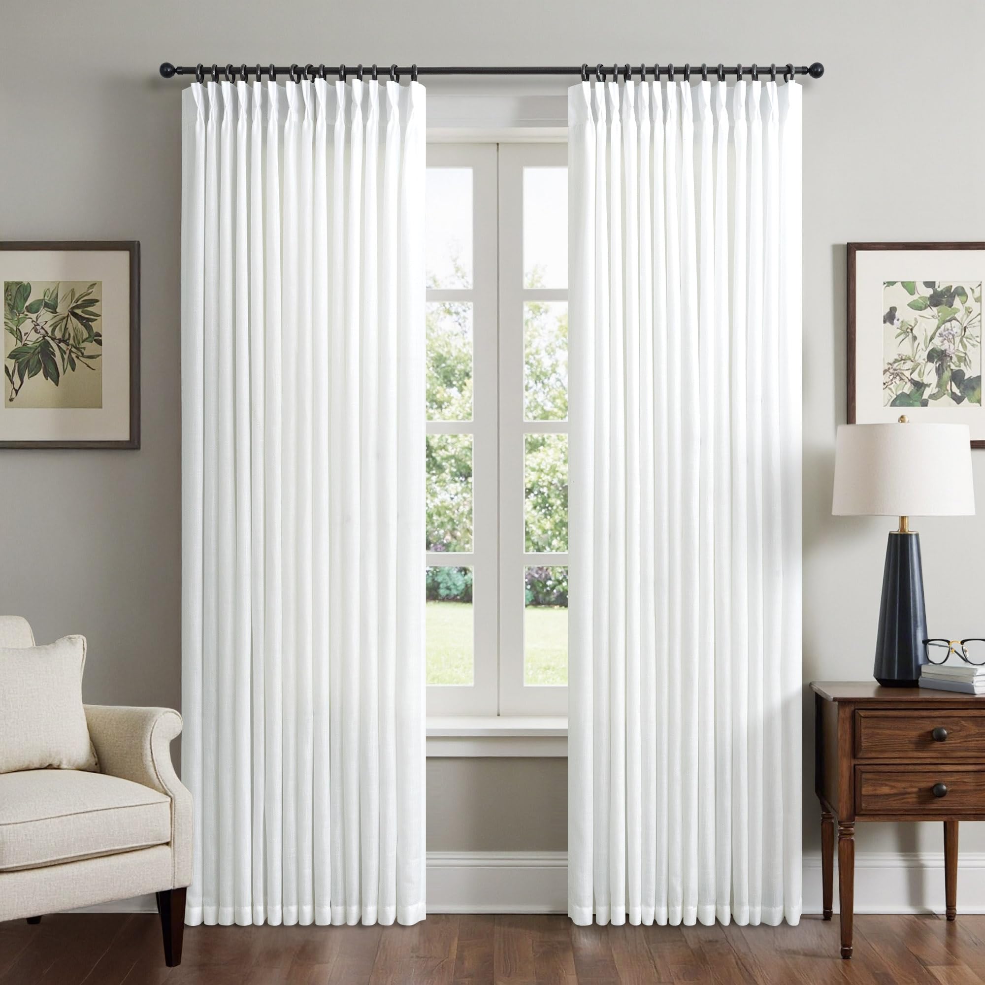Natural Pinch Pleated Linen Cream Curtains 84 Inch Length 2 Panels for Living Room Bedroom Ivory Semi Sheer Light Filtering Modern Farmhouse Boho Neutral Rustic Long Drapes Back Tab Pleat Hooks Rings