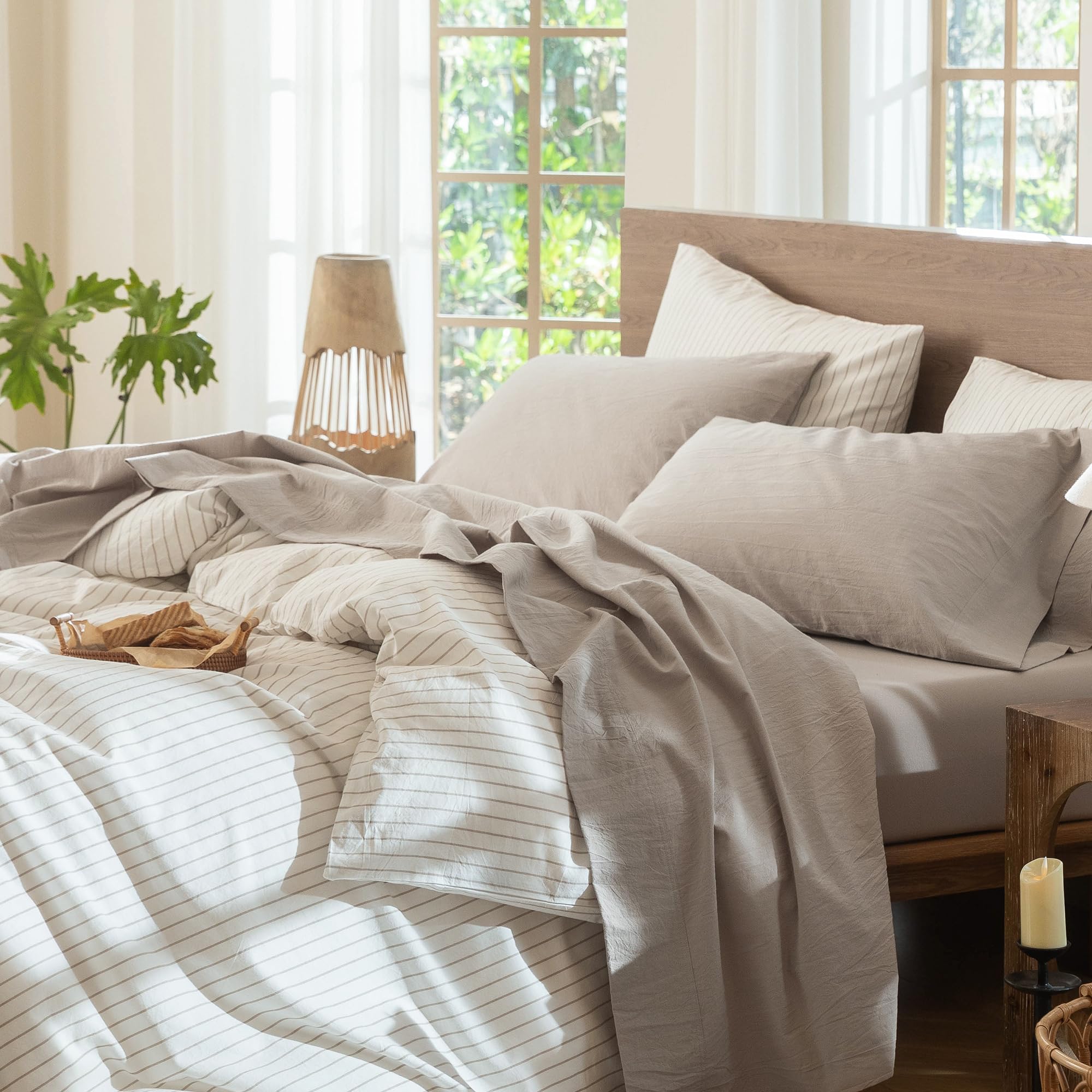 MooMee Bedding Sheet Set 100% Washed Cotton Linen Like Textured Breathable Durable Soft Comfy (Heathered Green, Queen)