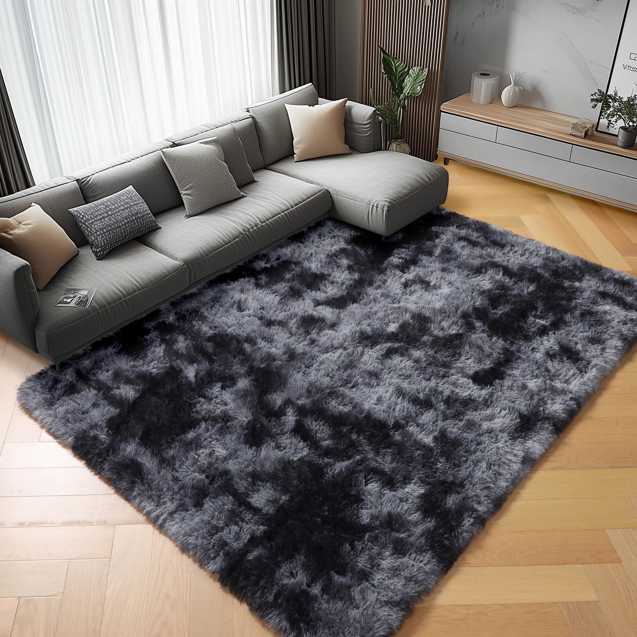 ONASAR Tie-Dyed Dark Grey Round Area Rugs 5ft, Ultra Soft Bedroom Circle Rug for Kids Girls Teen Room, Fluffy Plush Shaggy Carpet Floor Mats for Baby Nursery Living Room Playroom Home Decor