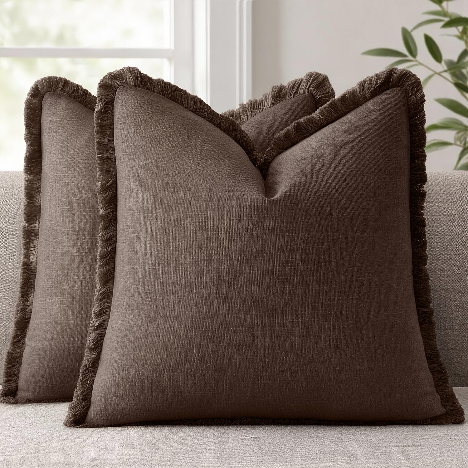 ANRODUO Set of 2 Decorative Throw Pillow Covers 26×26 Inch Soft Linen Fringe Farmhouse Boho Vintage Cushion Covers with Tassels Accent Pillowcase for Couch Sofa Bed Living Room Summer Decor Cream