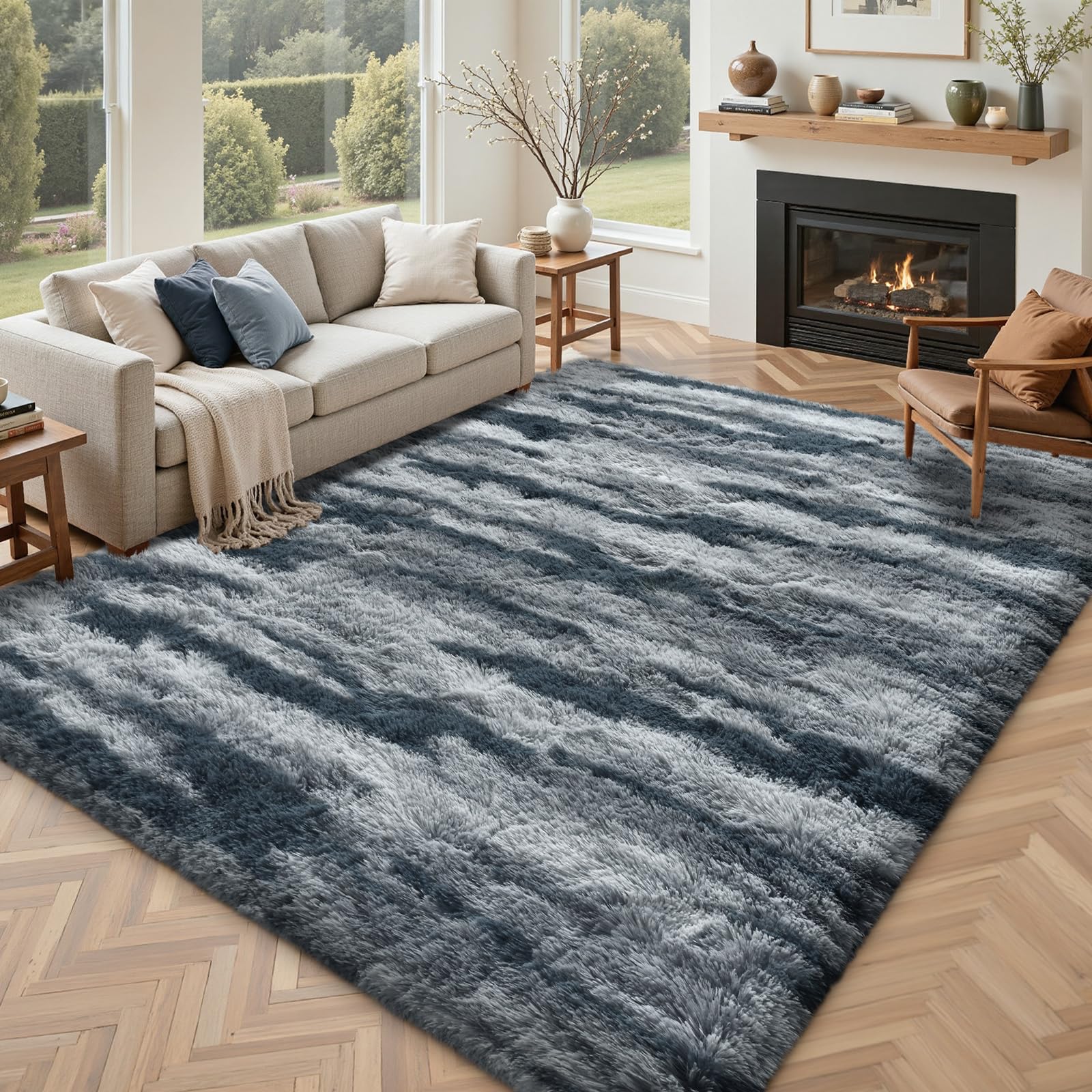 5×7ft Grey Fluffy Tie-Dyed Rug, Soft Shag Carpet for Home Decor