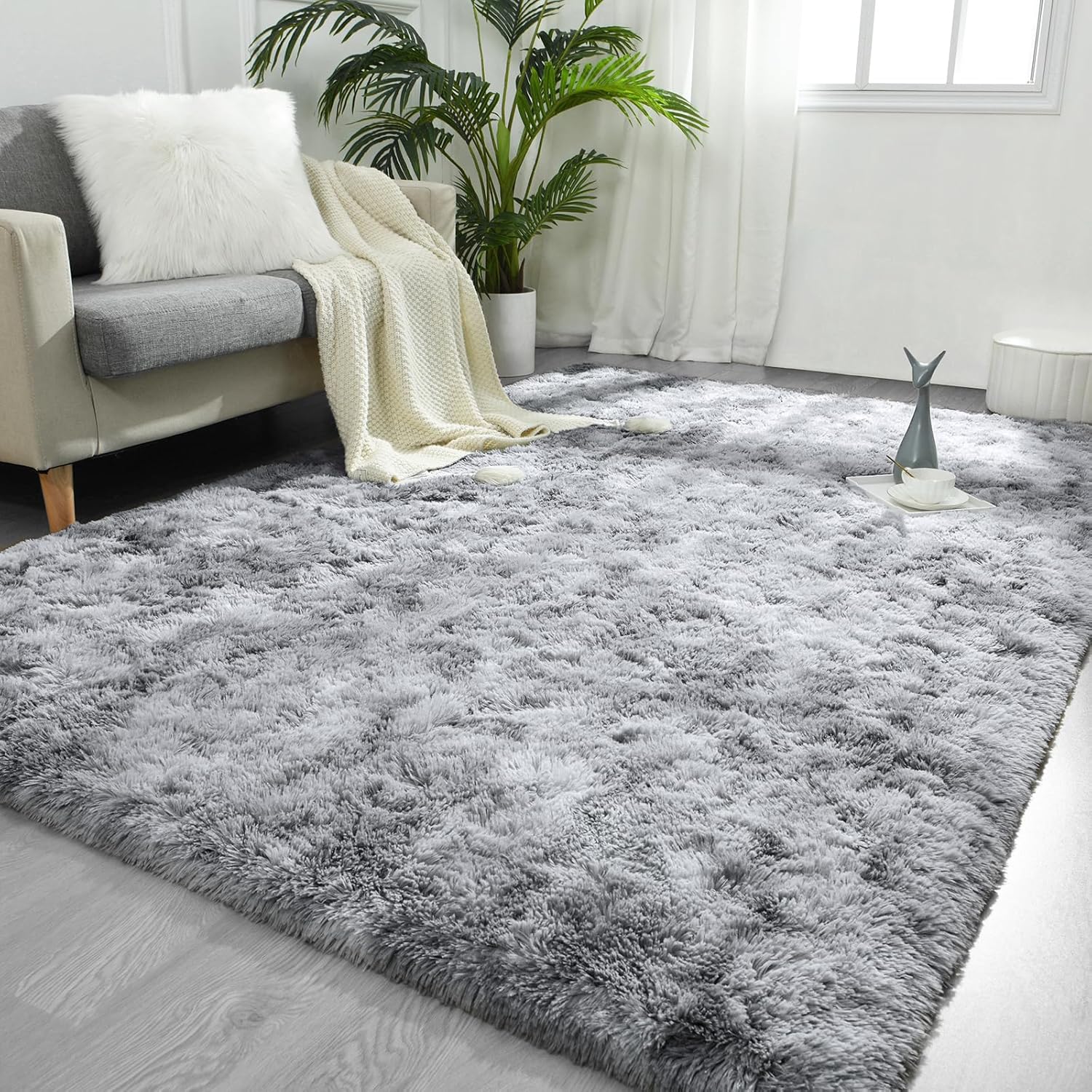 FlyDOIT Large Area Rugs for Living Room, 5x8 Feet Tie-Dyed Light Grey Shaggy Rug Fluffy Throw Carpets, Ultra Soft Plush Modern Indoor Fuzzy Rugs for Bedroom Girls Kids Nursery Room Dorm Home Decor