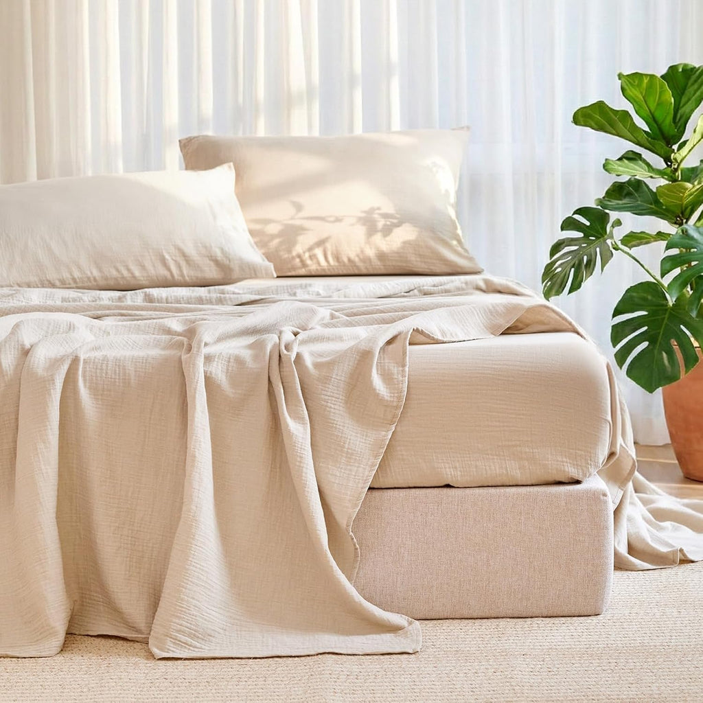 LUTBM King Sheet Set 100% Cotton Bed Sheets Gauze 4 Pcs Muslin Linen Sheets Set 16" Deep Pocket Sheet & Pillowcase Sets Breathable Boho King Soft Bedding Sets for All Season