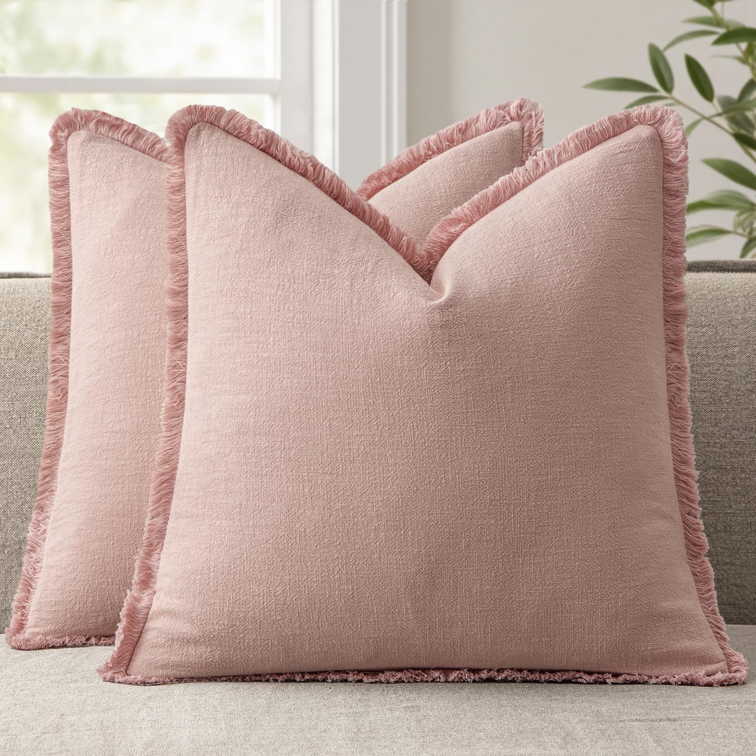 ANRODUO Set of 2 Decorative Throw Pillow Covers 26×26 Inch Soft Linen Fringe Farmhouse Boho Vintage Cushion Covers with Tassels Accent Pillowcase for Couch Sofa Bed Living Room Summer Decor Cream