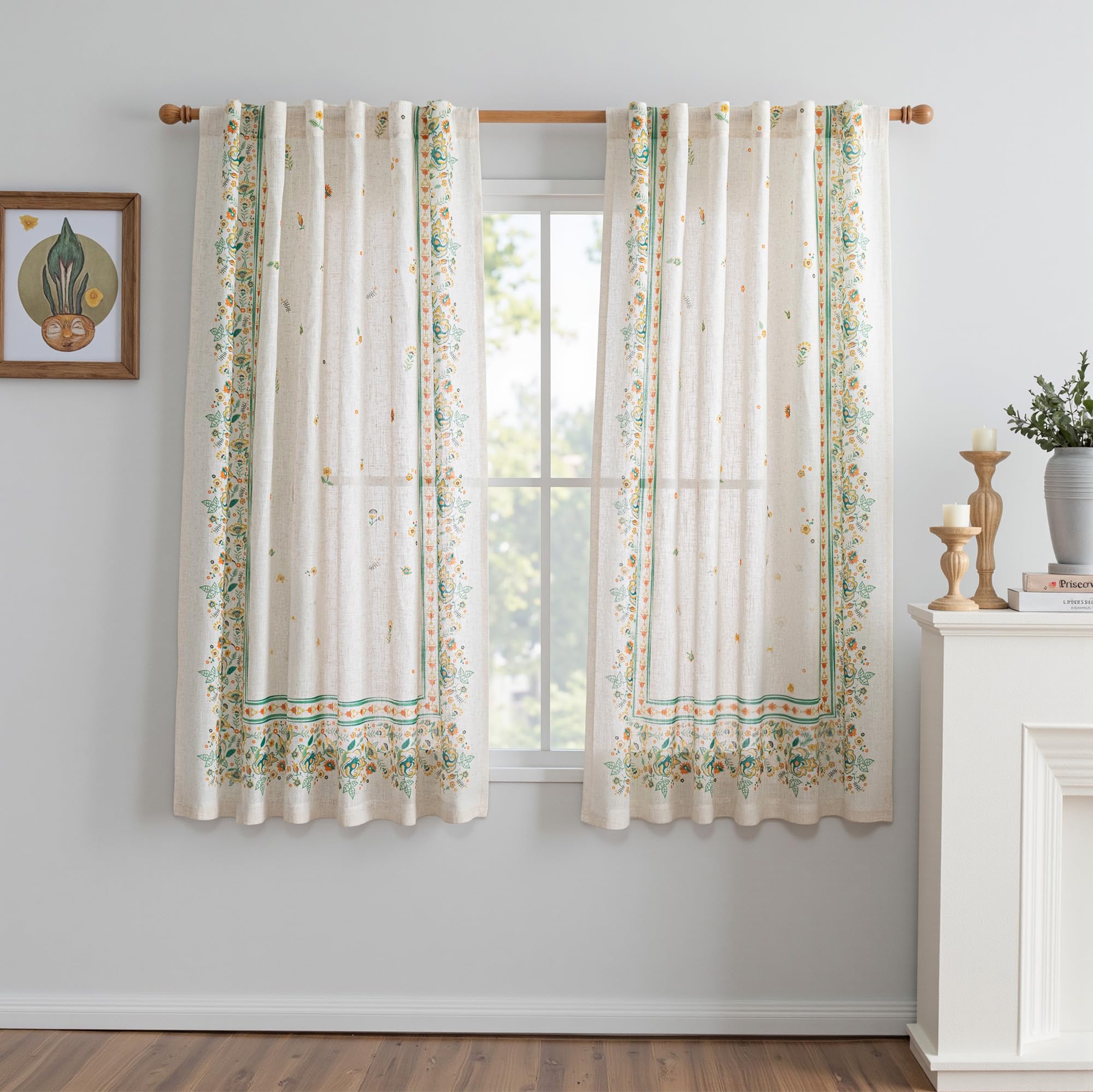 MYSKY HOME Ceiling Curtains for Living Room, Farmhouse Style Lines Printed Curtains 95 Inches Long Semi Sheer Drapes for Living Room, Modern Style Room Divider Curtains, 50"x95", Khaki, 2 PCs