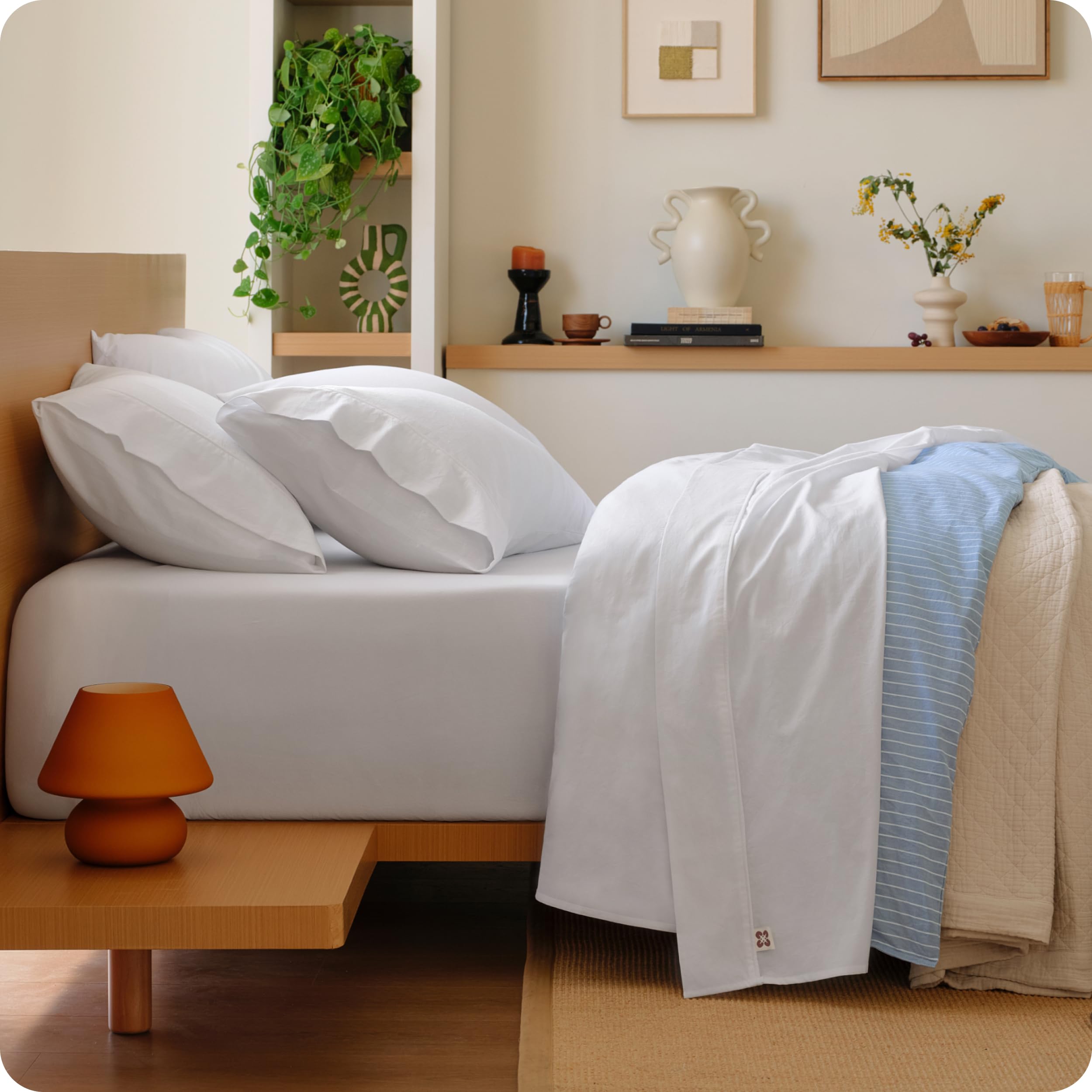 Bedsure 100% Washed Cotton Percale Sheets Queen Size - Linen Like Textured 6-Piece Bedsheet Set with 18" Deep Pocket, Breathable & PureWoven Soft Comfy (Linen Beige, Queen)