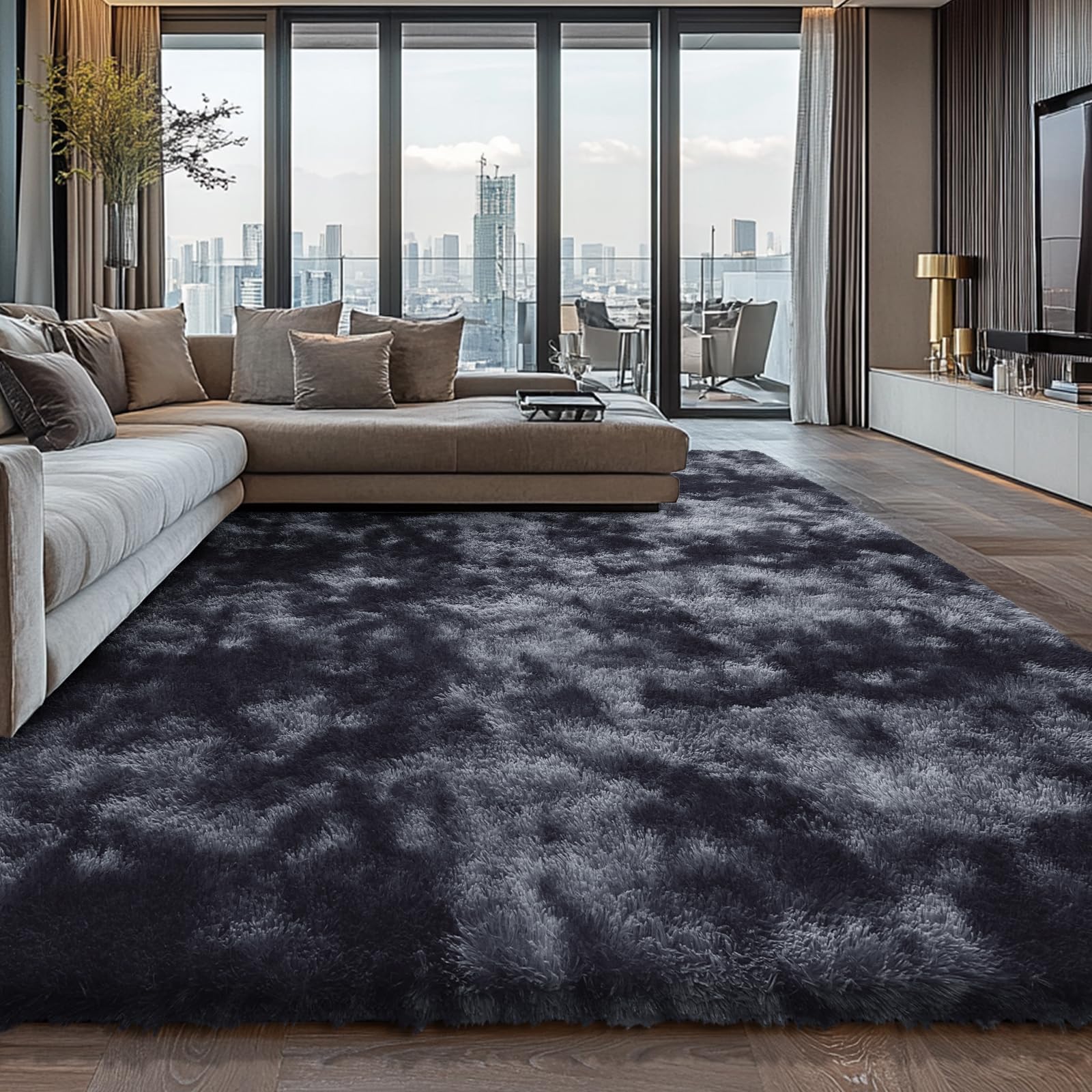 Shag Area Rugs for Bedroom Living Room,8X10 Ultra Soft Fluffy Area Rugs for Dorm, Indoor Carpet Nursery Rugs for Kids Girls Room Home Decor,Tie-Dye Grey