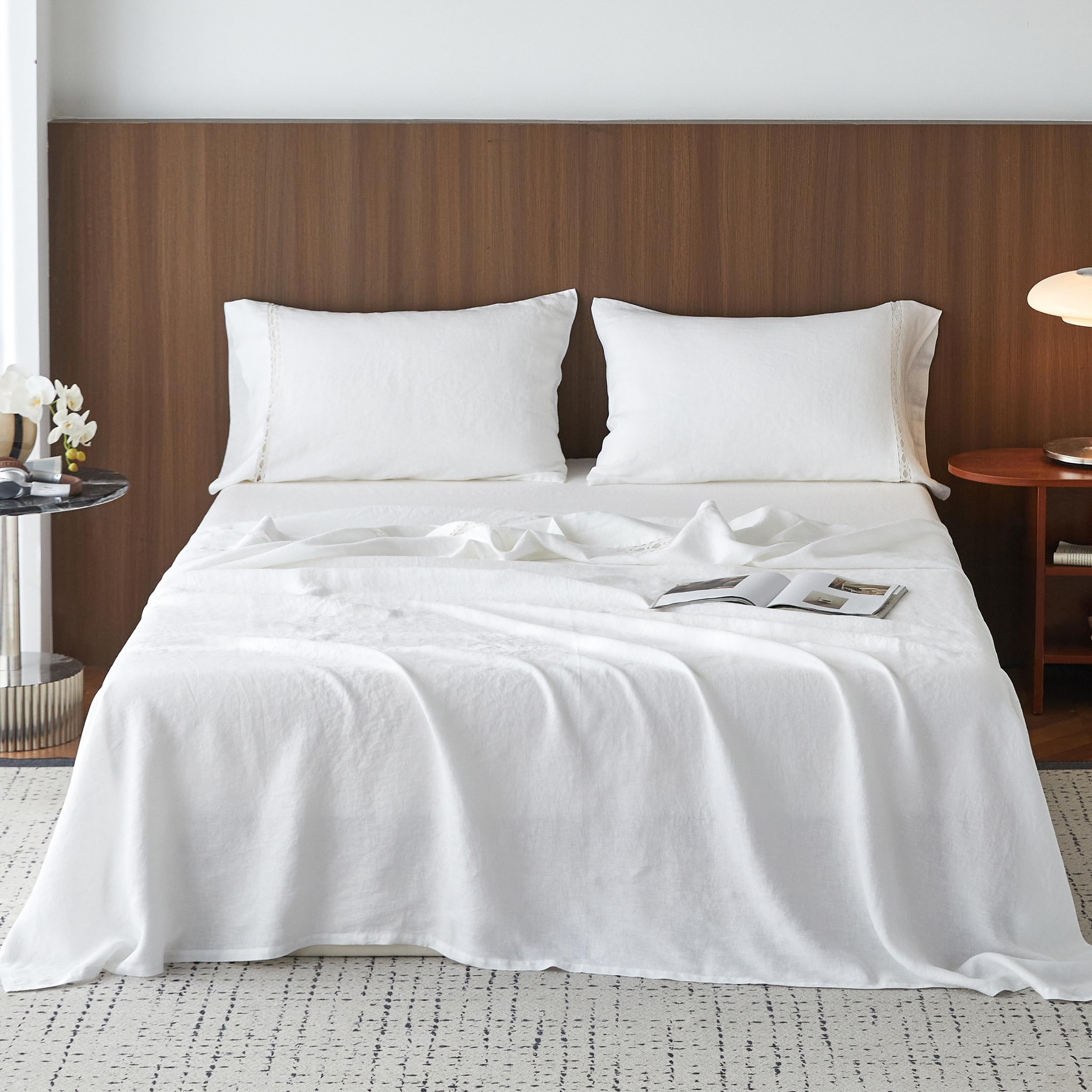 Simple&Opulence 100% Linen Sheets Queen Size Set, 4 Pcs Natural French Linen Bed Sheets, Breathable Soft Durable Bedding Set for All Season (Classic Blue, Queen)