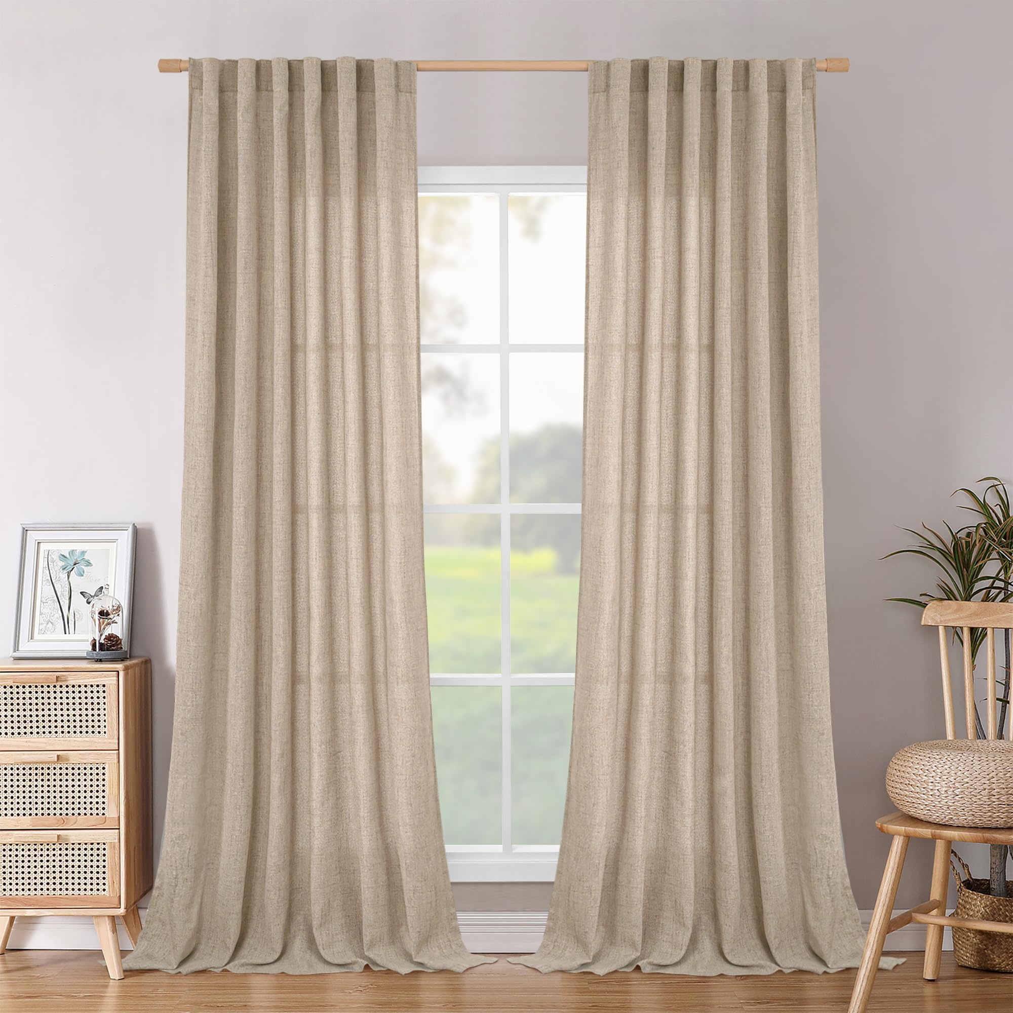 BGment Natural Linen Semi Sheer Curtains 96 Inch Length 2 Panels for Living Room, Beige Light Filtering Window Drapes with Rod Pocket Back Tab Extre Long for Dining Bedroom, 52 X 96 Inch