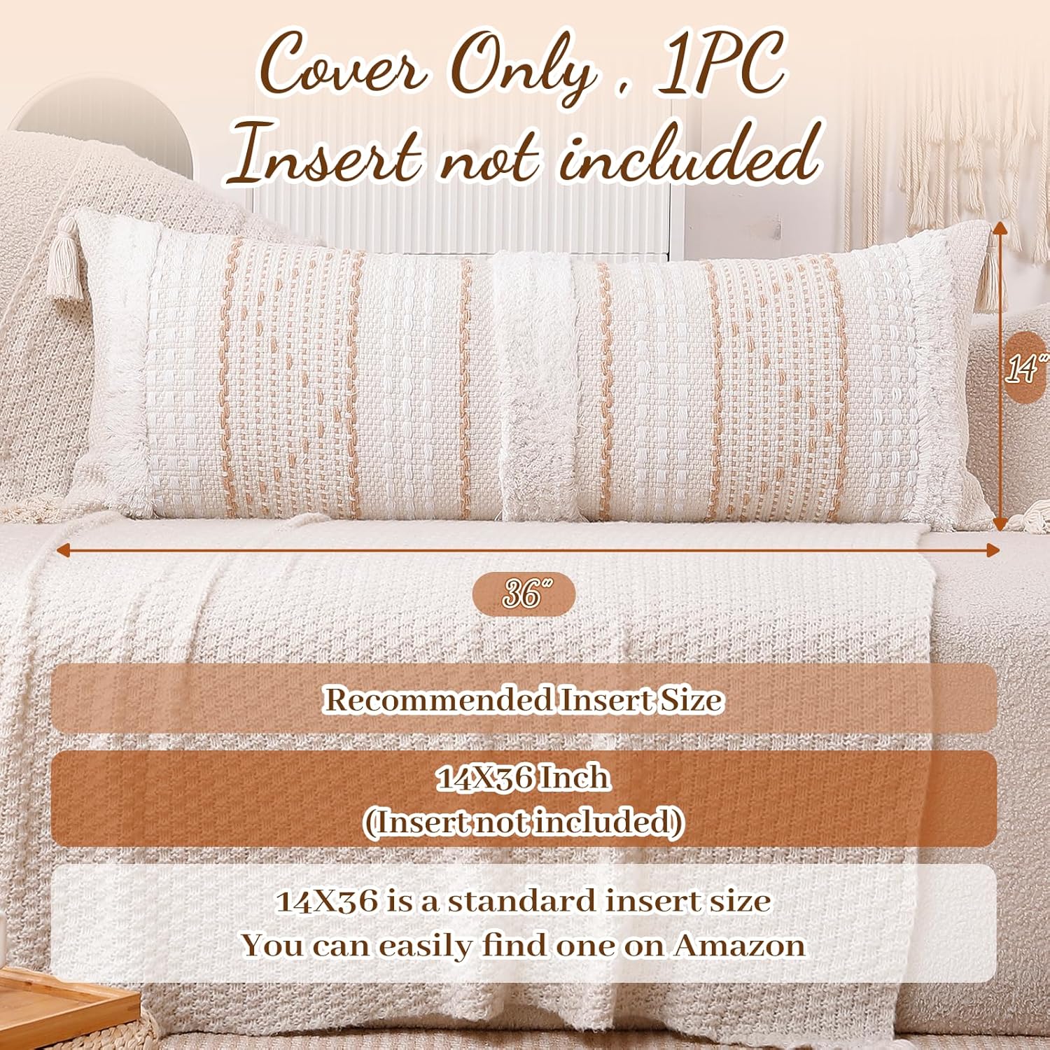 14×36" Beige Tufted Lumbar Pillow Cover with Tassels