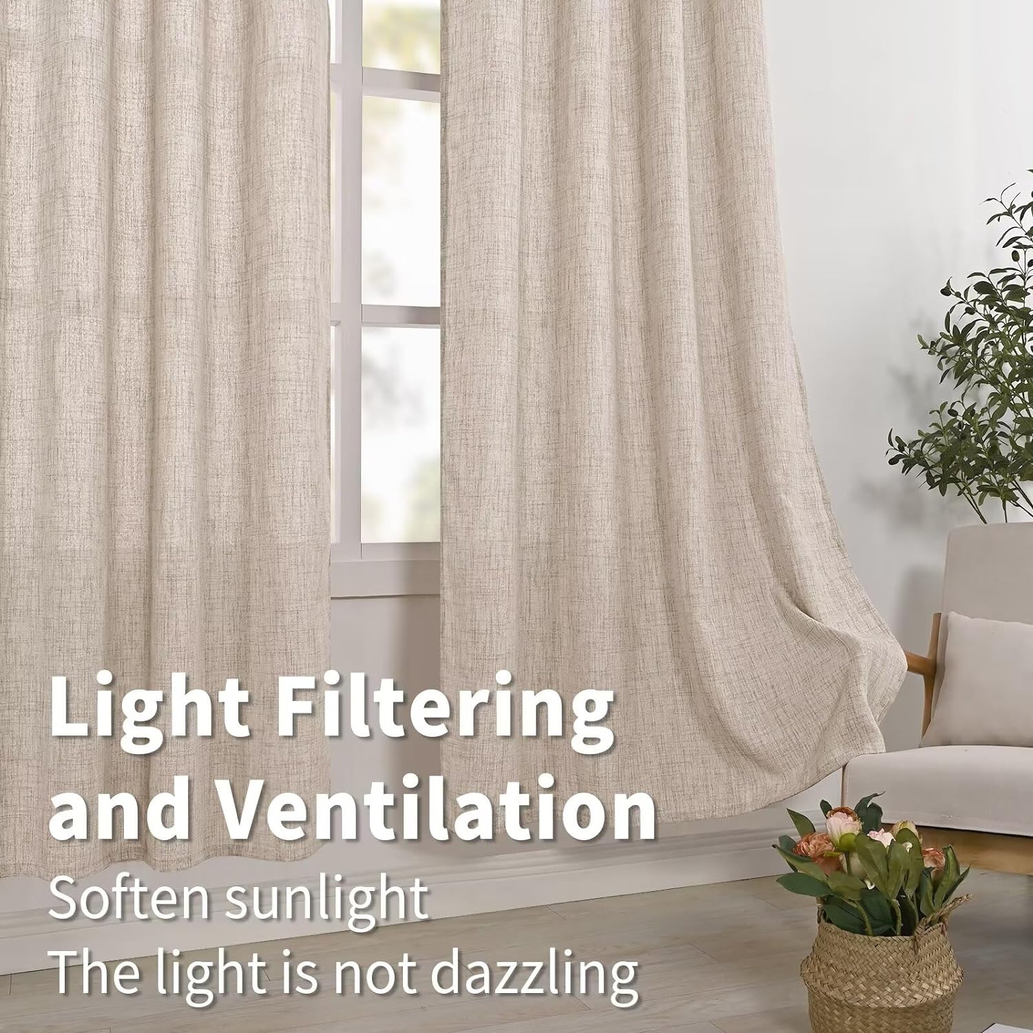BGment Natural Linen Semi Sheer Curtains 96 Inch Length 2 Panels for Living Room, Beige Light Filtering Window Drapes with Rod Pocket Back Tab Extre Long for Dining Bedroom, 52 X 96 Inch