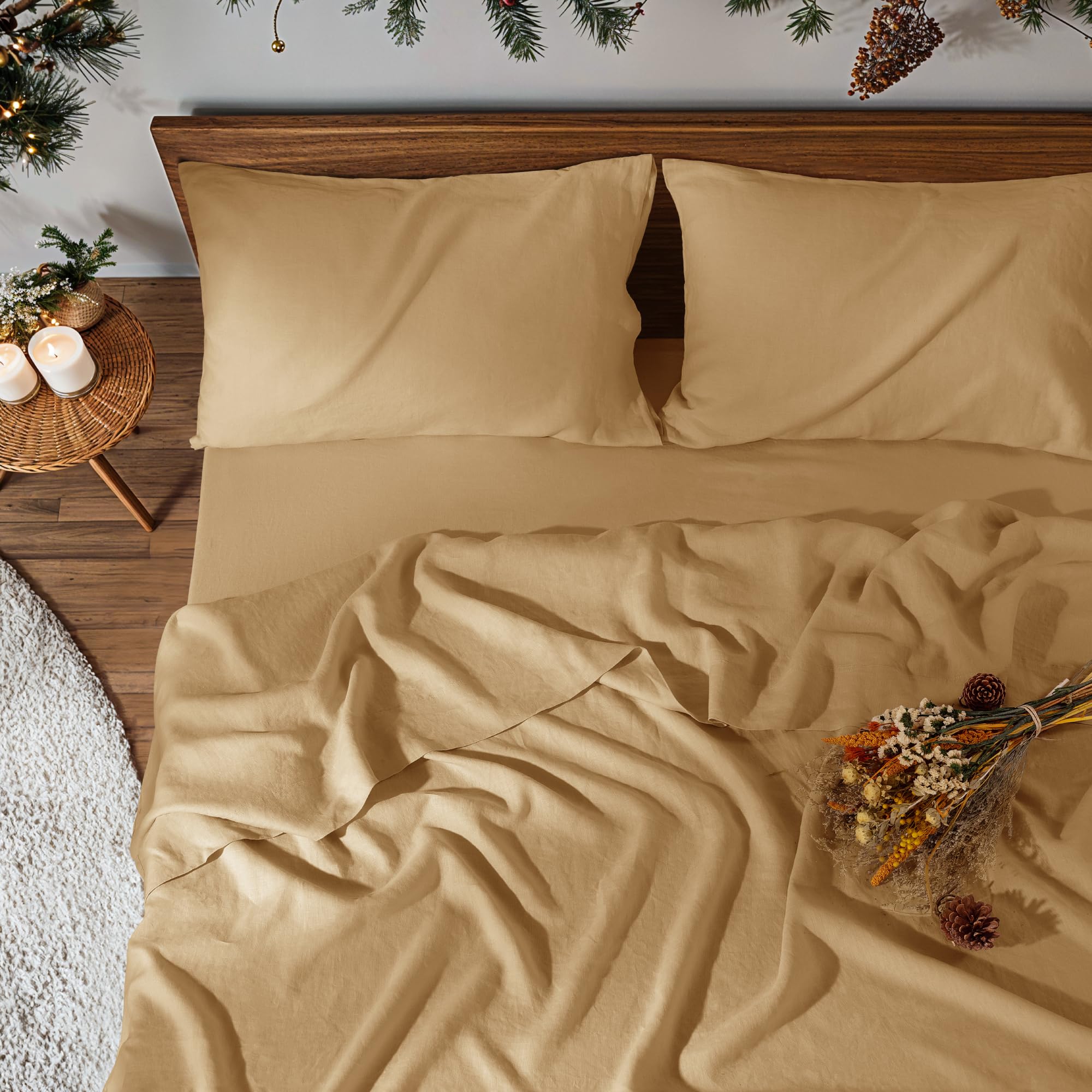 100% Pure Linen Sheet Set for Hot Sleepers, Breathable Natural Linen Sheets 4pcs, Bedding Set Deep Pocket Up to 16" Moisture-Wicking, Softens with Every Wash (Linen Queen)