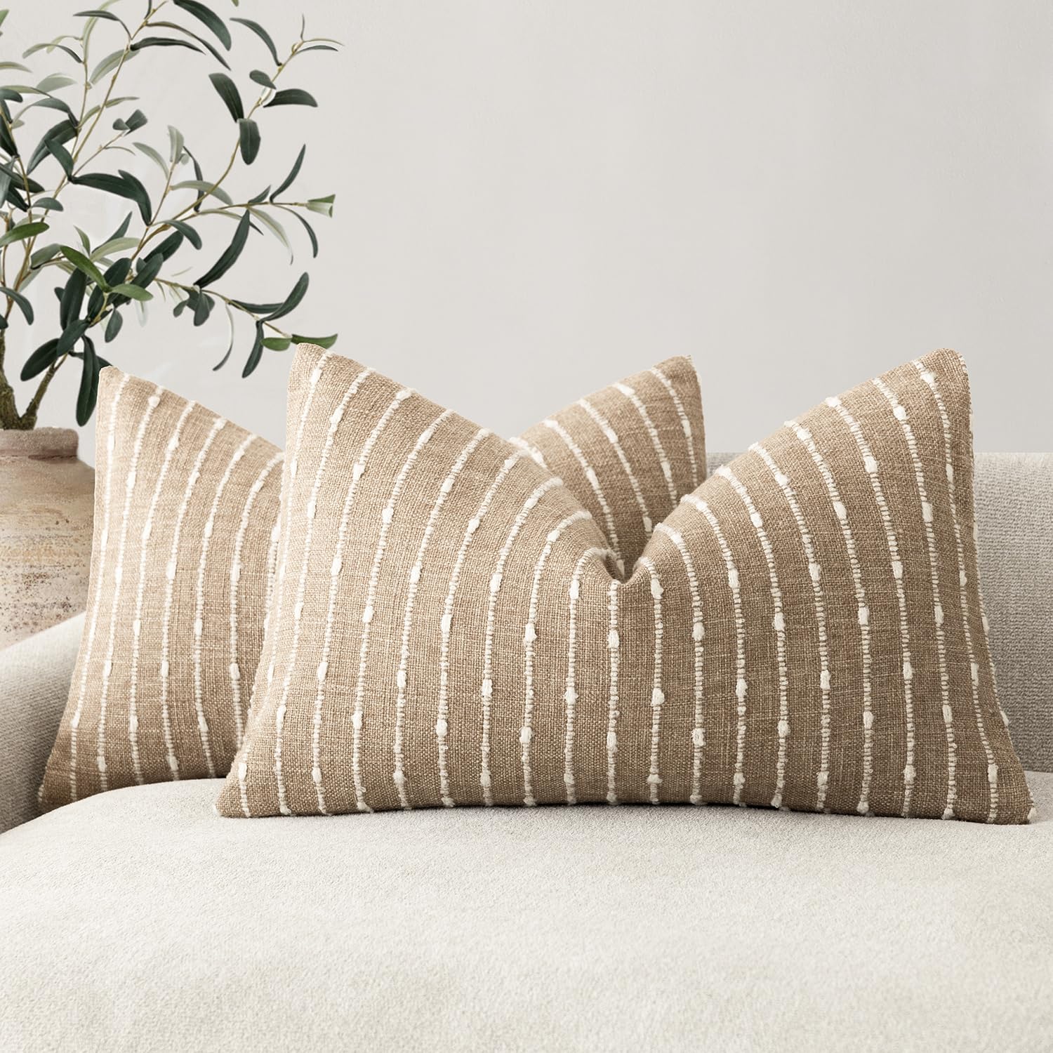 Foindtower Pack of 2 Decorative Jacquard Boucle Throw Pillow Covers Accent Textured Striped Pillowcases Soft Boho Modern Cushion for Couch Sofa Bedroom Living Room Home Decor 22x22 Inch Natural Beige